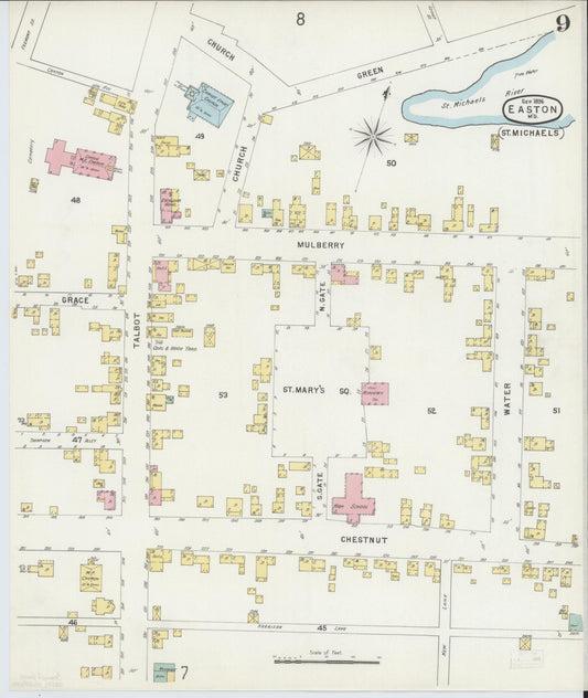 Sanborn Fire Insurance Map from Easton, Talbot County, Maryland (1896), Sheet #0009 - Historic Sanborn Fire Insurance Map Print, vintage old map wall art, antique decor, genealogy gift, Maryland Maryland map