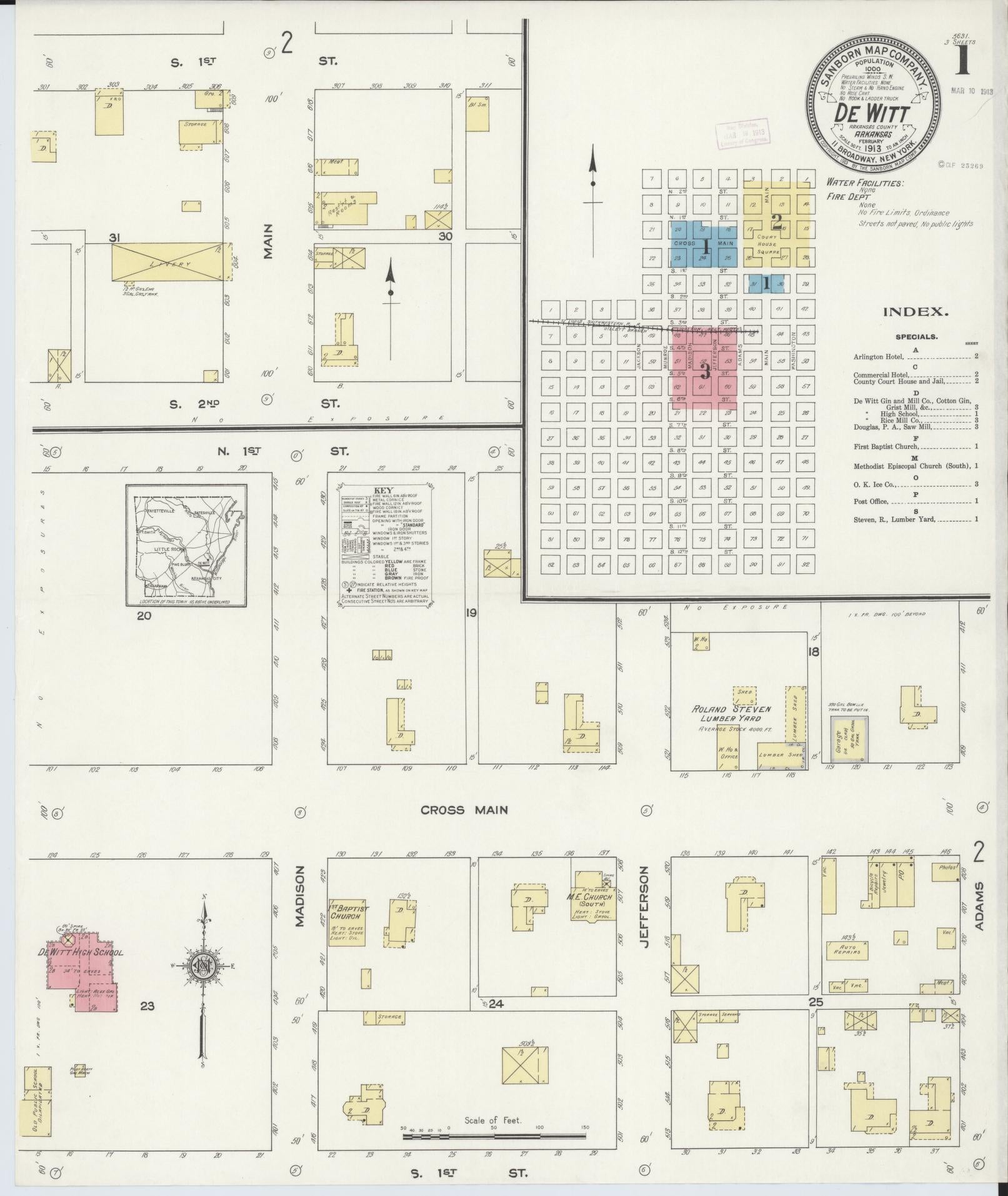 Sanborn Fire Insurance Map from De Witt, Arkansas County, Arkansas (1913), Sheet #0001 - Historic Sanborn Fire Insurance Map Print, vintage old map wall art, antique decor, genealogy gift, De Witt Arkansas map