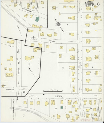 Sanborn Fire Insurance Map from Concord, Middlesex County, Massachusetts (1909), Sheet #0008 - Historic Sanborn Fire Insurance Map Print, vintage old map wall art, antique decor, genealogy gift, Massachusetts Massachusetts map
