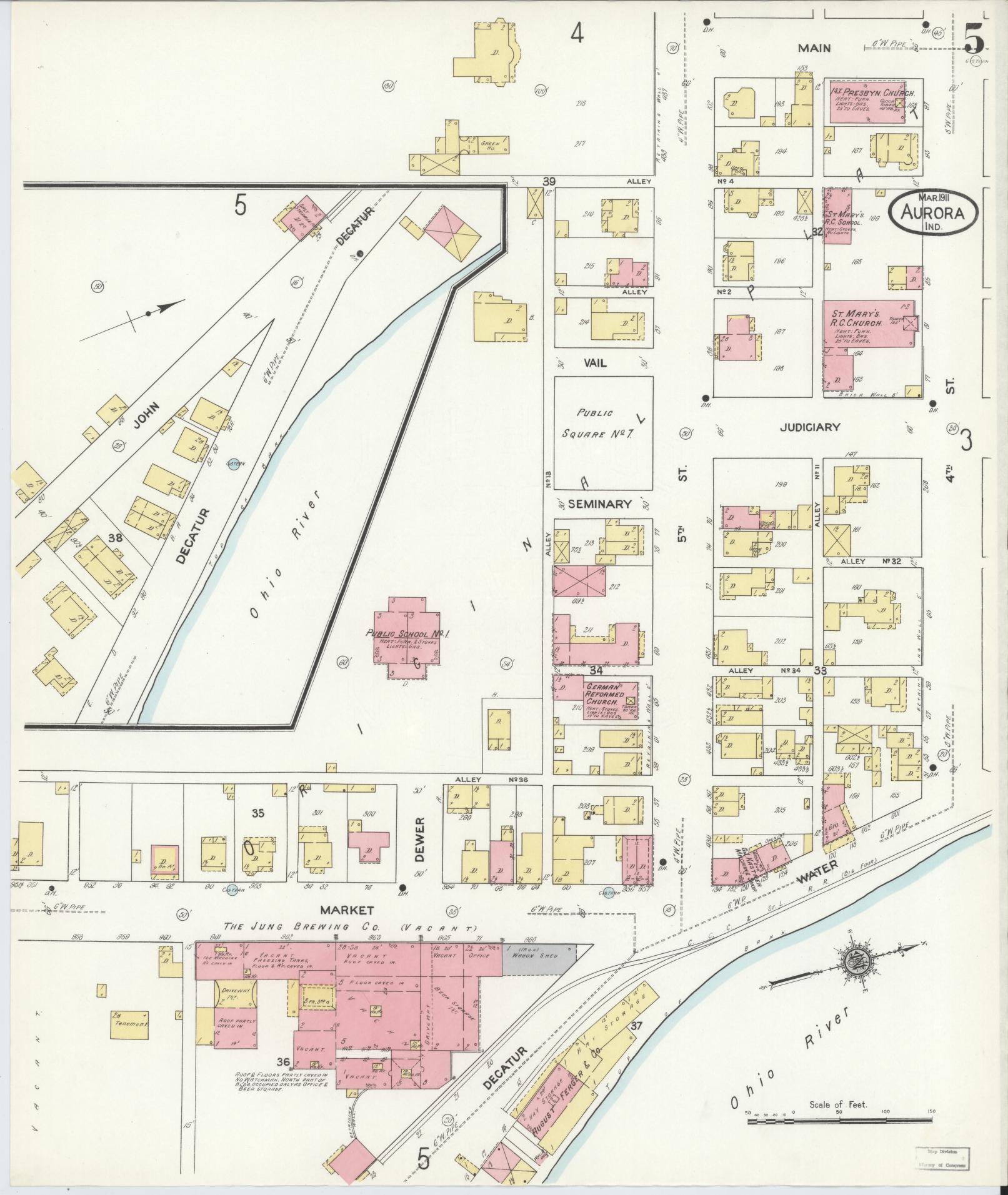 Sanborn Fire Insurance Map from Aurora, Dearborn County, Indiana (1911), Sheet #0005 - Complete Map Set gallery image, historic Sanborn map, vintage wall art, Indiana Indiana