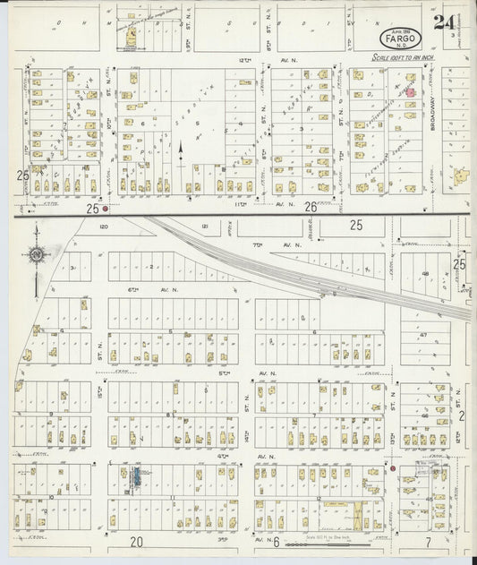 Sanborn Fire Insurance Map from Fargo, Cass County, North Dakota (1916), Sheet #0024 - Historic Sanborn Fire Insurance Map Print, vintage old map wall art, antique decor, genealogy gift, North Dakota North Dakota map