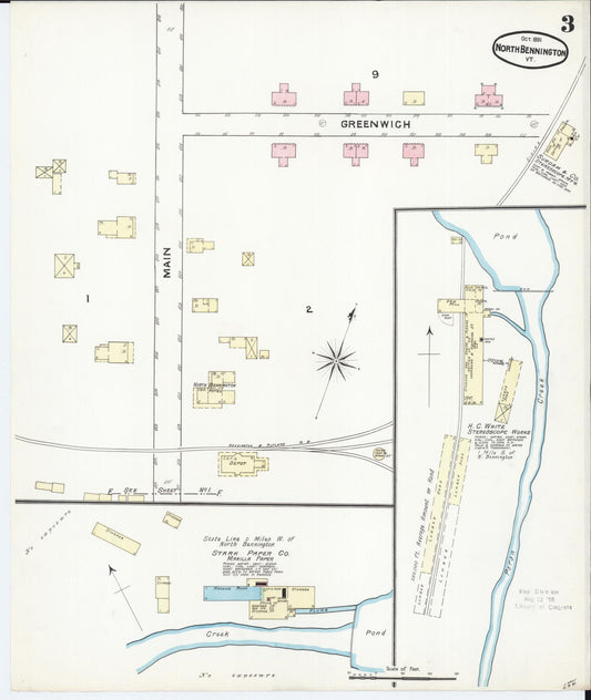 Sanborn Fire Insurance Map from North Bennington, Bennington County, Vermont (1891), Sheet #0003 - Historic Sanborn Fire Insurance Map Print, vintage old map wall art, antique decor, genealogy gift, Vermont Vermont map