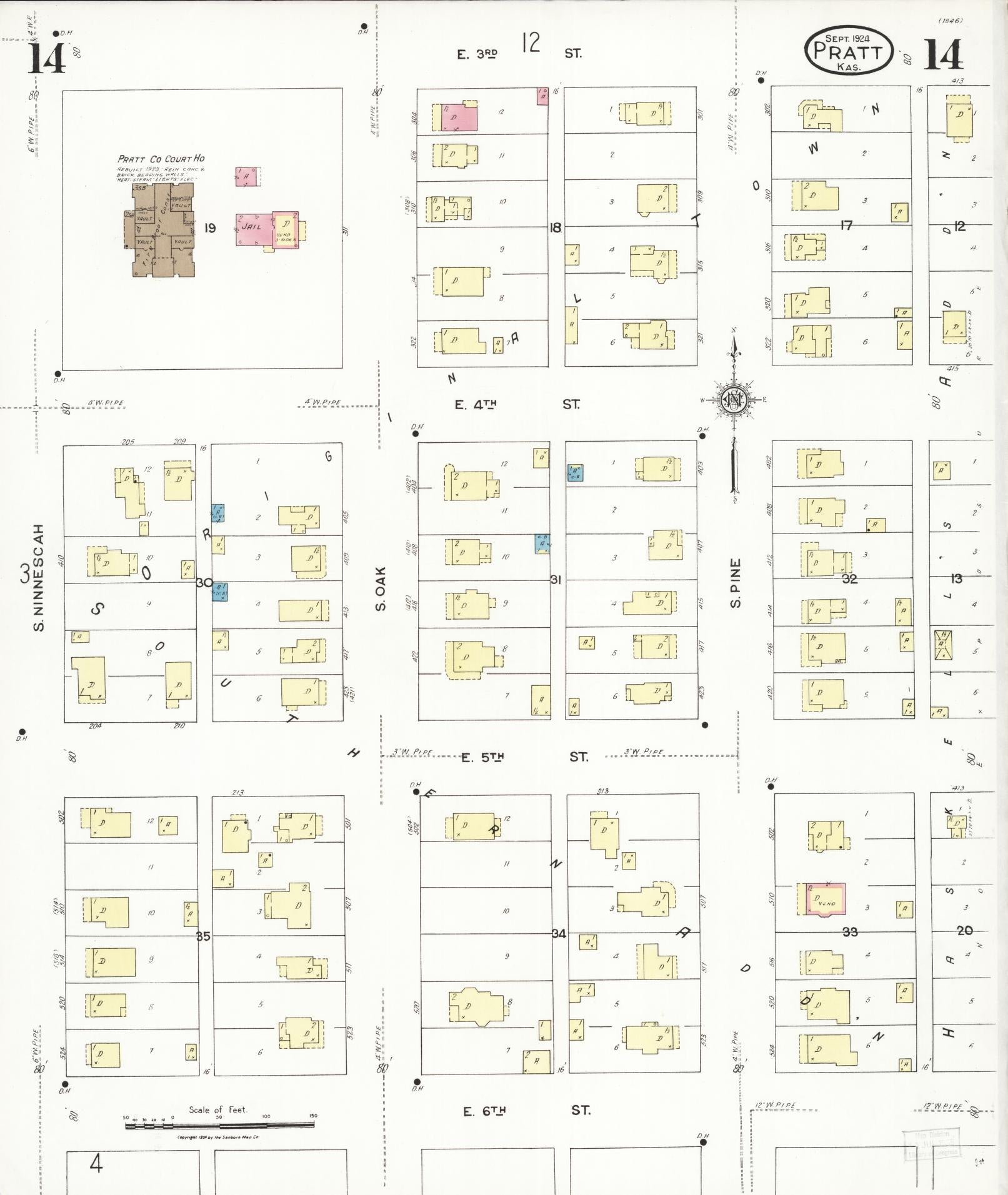 Sanborn Fire Insurance Map from Pratt, Pratt County, Kansas (1924), Sheet #0014 - Historic Sanborn Fire Insurance Map Print, vintage old map wall art, antique decor, genealogy gift, Kansas Kansas map