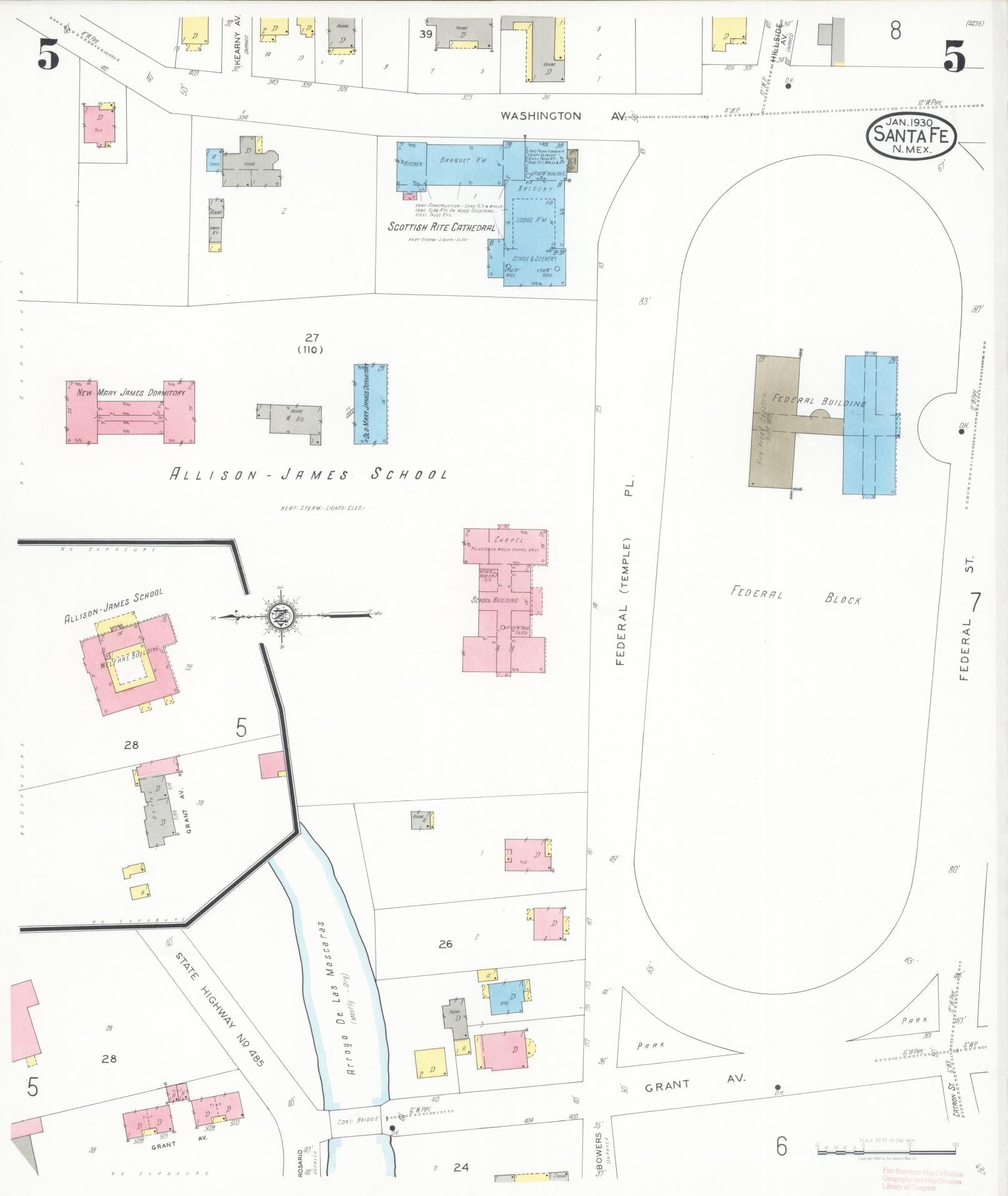 Sanborn Fire Insurance Map from Santa Fe, Santa Fe County, New Mexico (1930), Sheet #0005 - Historic Sanborn Fire Insurance Map Print, vintage old map wall art, antique decor, genealogy gift, New Mexico New Mexico map