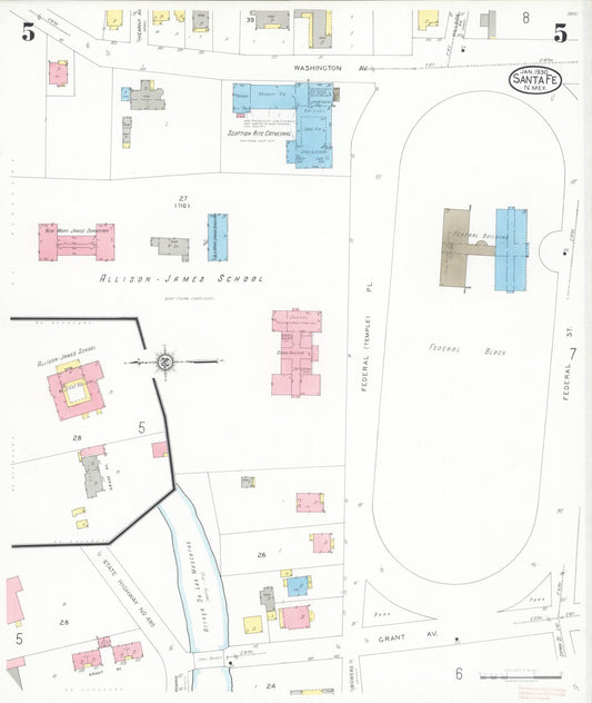 Sanborn Fire Insurance Map from Santa Fe, Santa Fe County, New Mexico (1930), Sheet #0005 - Historic Sanborn Fire Insurance Map Print, vintage old map wall art, antique decor, genealogy gift, New Mexico New Mexico map
