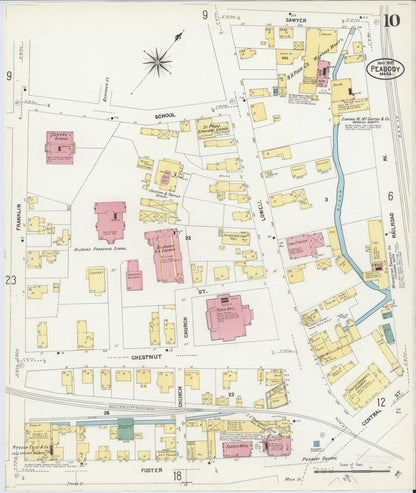 Sanborn Fire Insurance Map from Peabody, Essex County, Massachusetts (1907), Sheet #0010 - Historic Sanborn Fire Insurance Map Print, vintage old map wall art, antique decor, genealogy gift, Massachusetts Massachusetts map