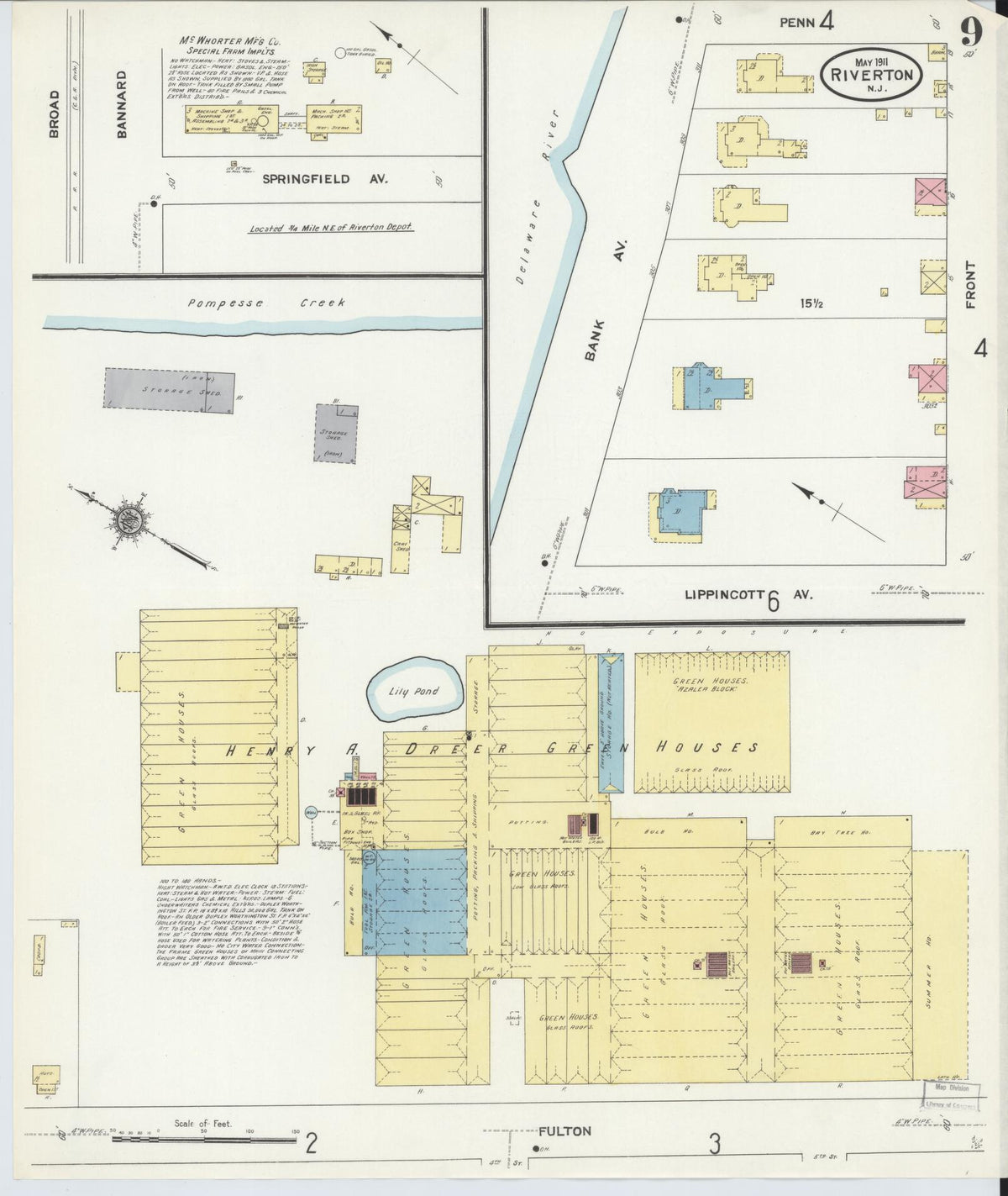 Sanborn Fire Insurance Map from Riverton, Burlington County, New Jersey (1911), Sheet #0009 - Historic Sanborn Fire Insurance Map Print, vintage old map wall art, antique decor, genealogy gift, New Jersey New Jersey map
