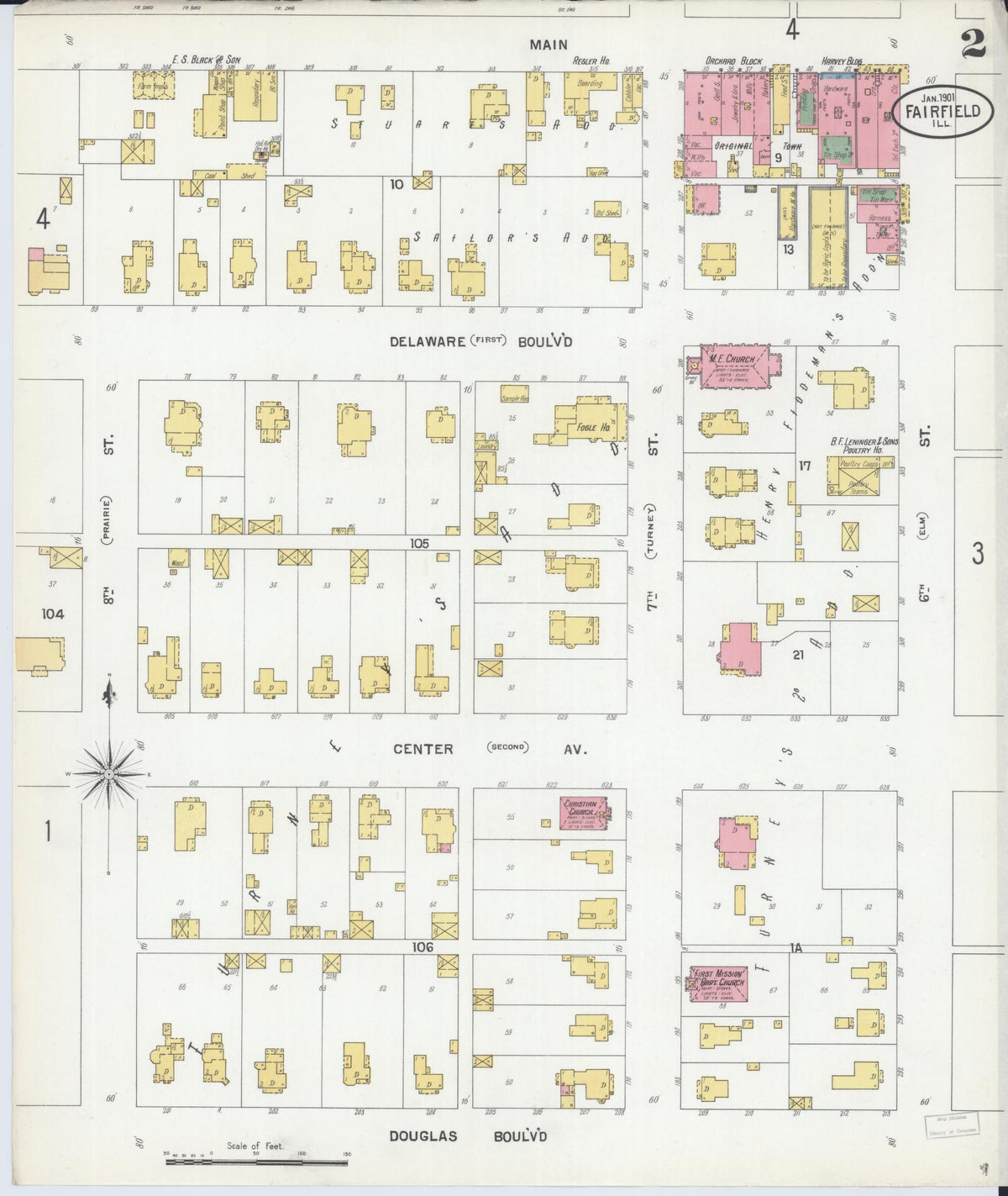 Sanborn Fire Insurance Map from Fairfield, Wayne County, Illinois (1901), Sheet #0002 - Complete Map Set gallery image, historic Sanborn map, vintage wall art, Illinois Illinois