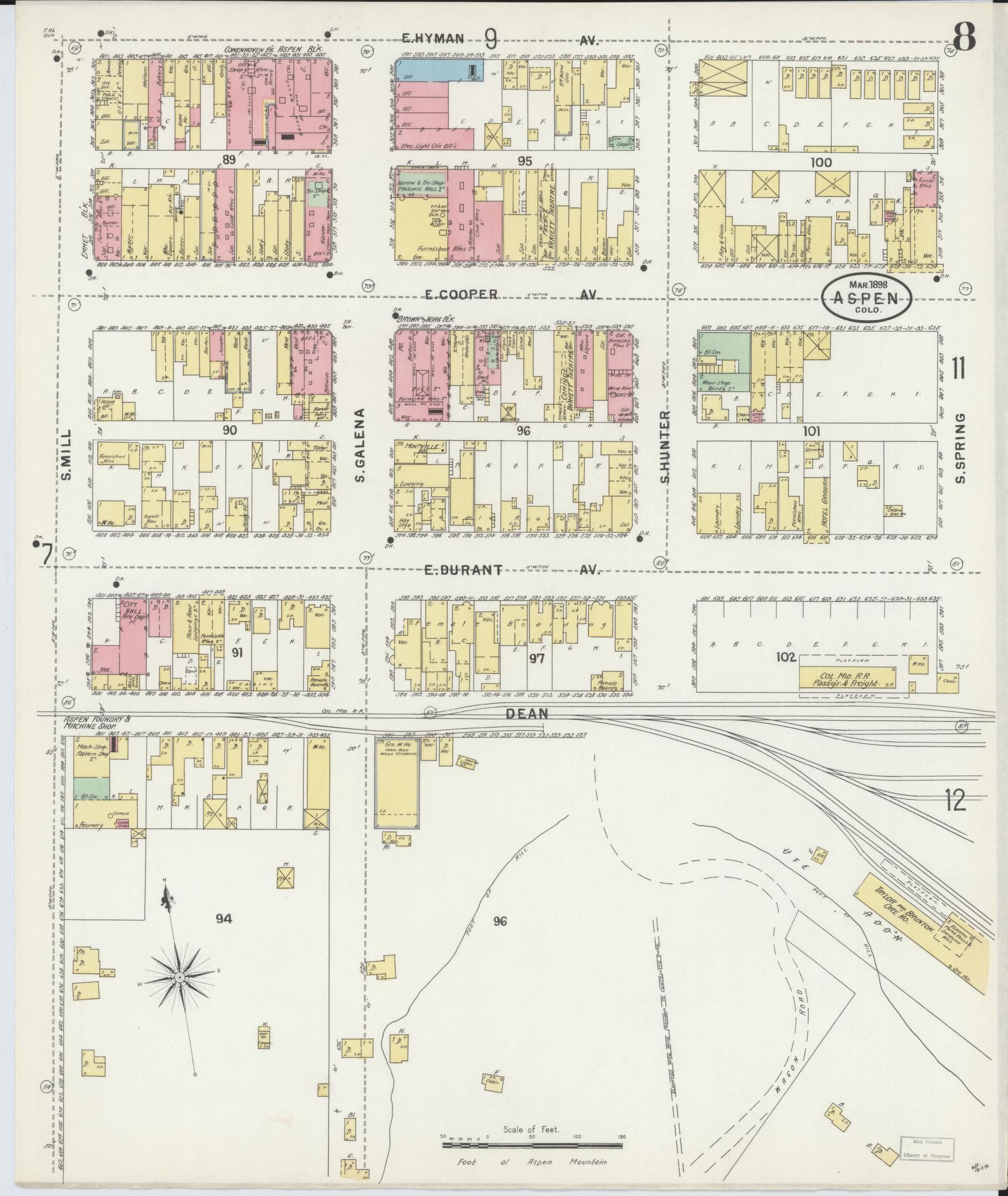 Sanborn Fire Insurance Map from Aspen, Pitkin County, Colorado (1898), Sheet #0008 - Historic Sanborn Fire Insurance Map Print, vintage old map wall art, antique decor, genealogy gift, Colorado Colorado map