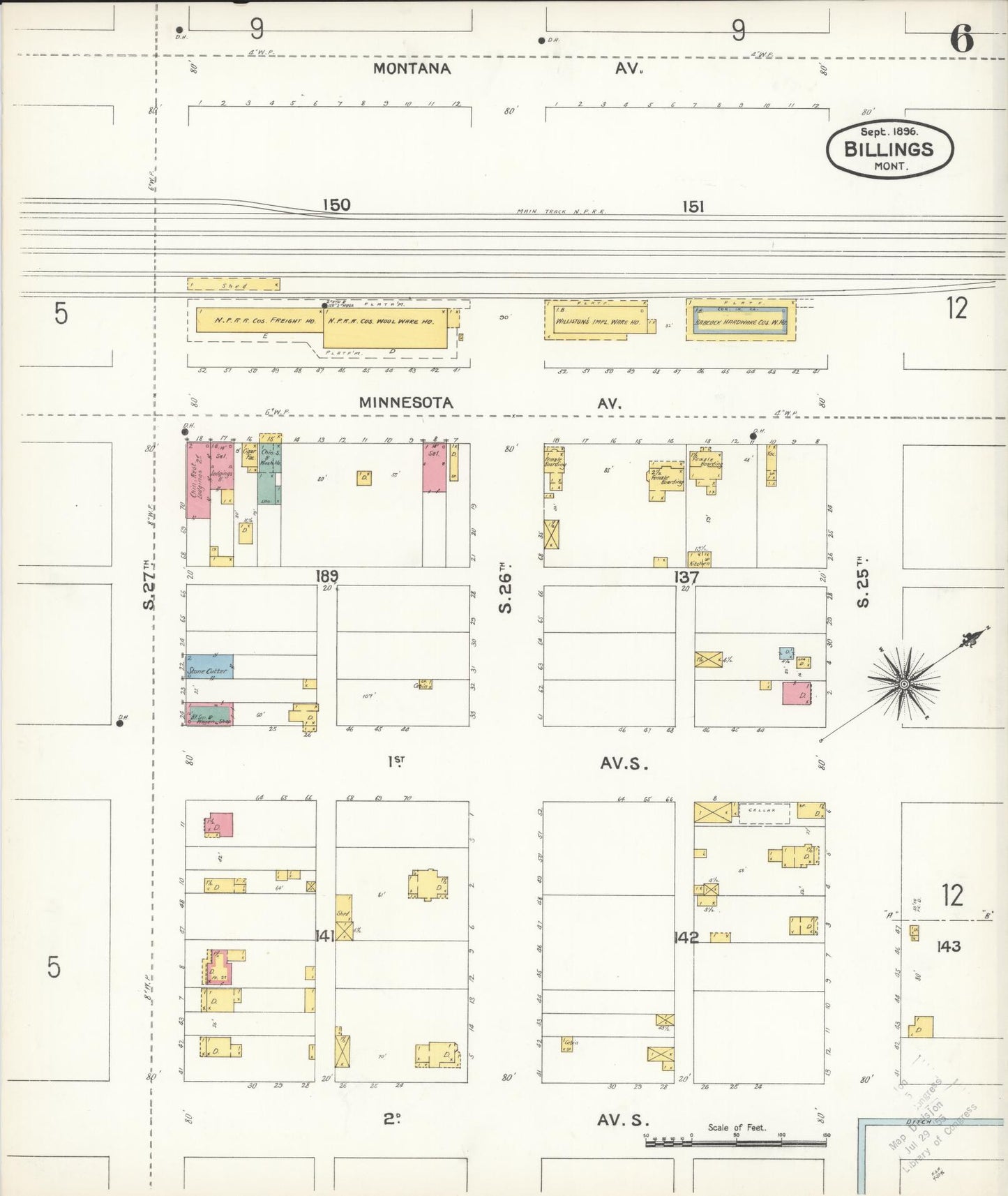 Sanborn Fire Insurance Map from Billings, Yellowstone County, Montana (1896), Sheet #0006 - Historic Sanborn Fire Insurance Map Print, vintage old map wall art, antique decor, genealogy gift, Montana Montana map