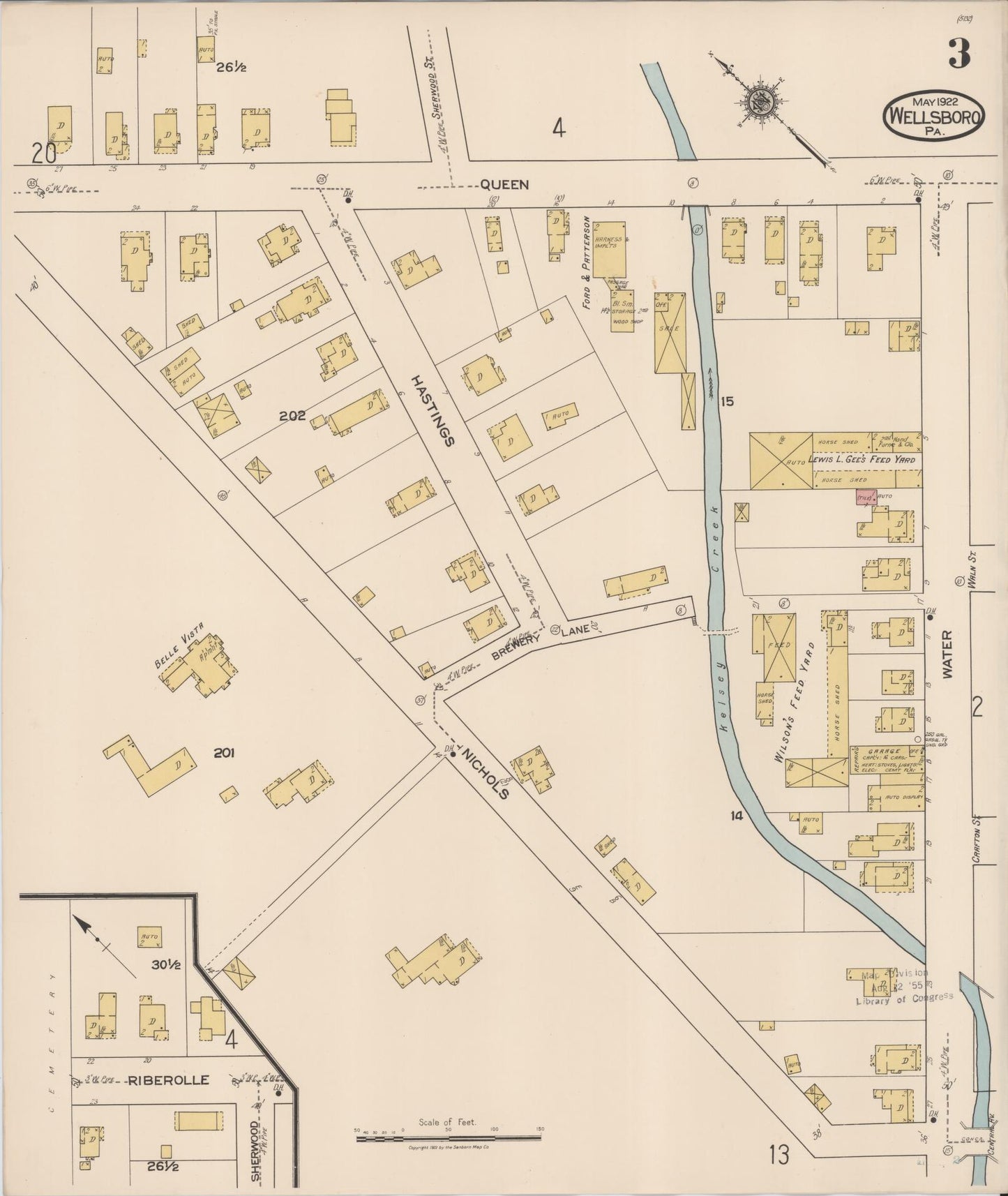 Sanborn Fire Insurance Map from Wellsboro, Tioga County, Pennsylvania (1922), Sheet #0003 - Historic Sanborn Fire Insurance Map Print, vintage old map wall art, antique decor, genealogy gift, Pennsylvania Pennsylvania map