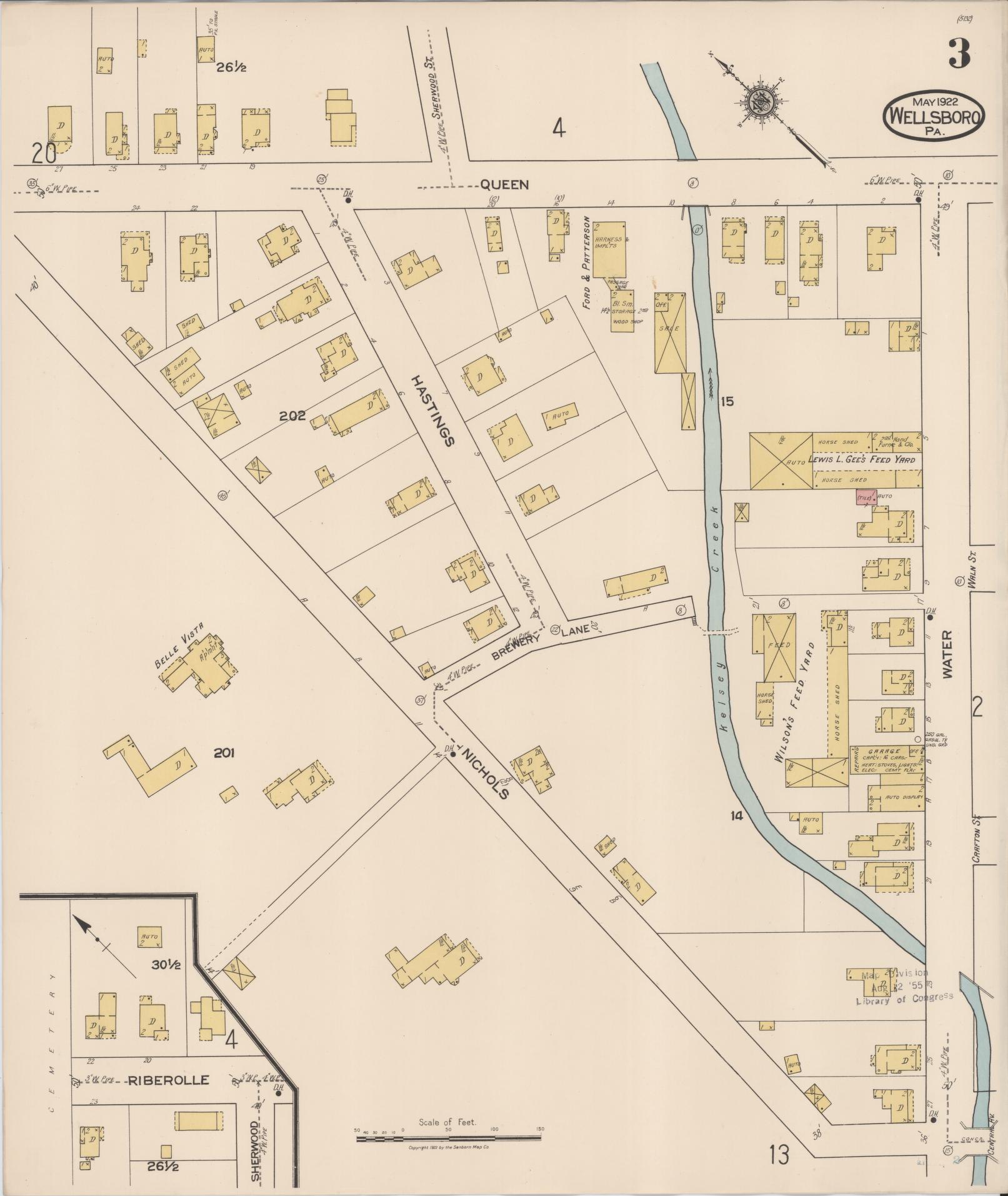 Sanborn Fire Insurance Map from Wellsboro, Tioga County, Pennsylvania (1922), Sheet #0003 - Historic Sanborn Fire Insurance Map Print, vintage old map wall art, antique decor, genealogy gift, Pennsylvania Pennsylvania map
