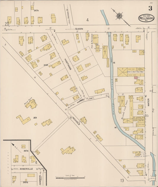 Sanborn Fire Insurance Map from Wellsboro, Tioga County, Pennsylvania (1922), Sheet #0003 - Historic Sanborn Fire Insurance Map Print, vintage old map wall art, antique decor, genealogy gift, Pennsylvania Pennsylvania map
