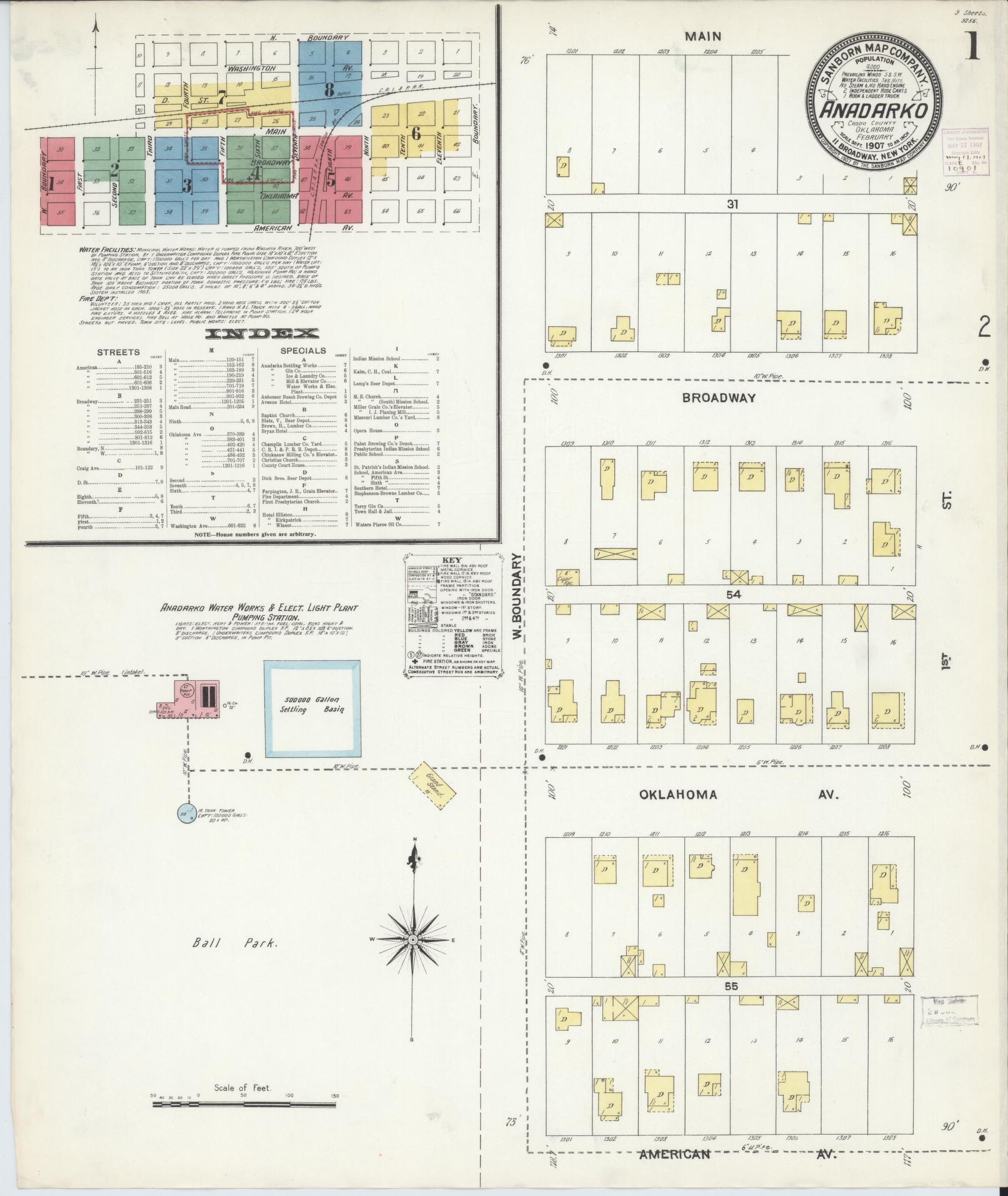 Sanborn Fire Insurance Map from Anadarko, Caddo County, Oklahoma (1907), Sheet #0001 - Historic Sanborn Fire Insurance Map Print, vintage old map wall art, antique decor, genealogy gift, Oklahoma Oklahoma map