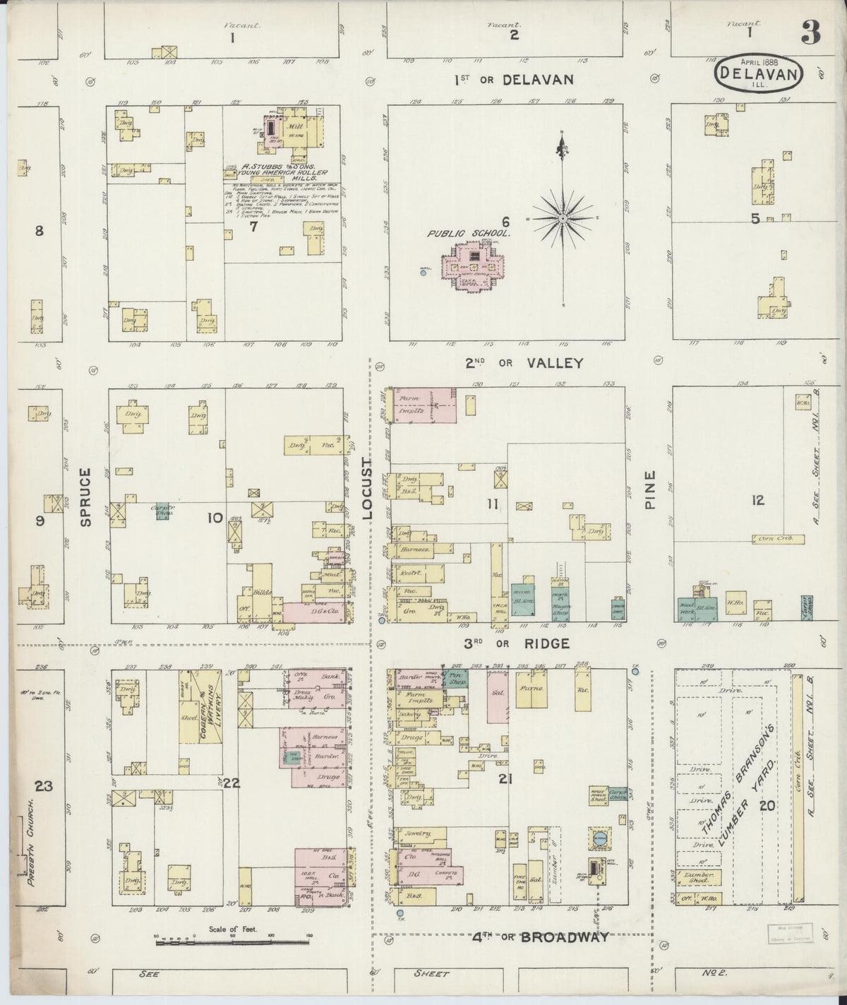 Sanborn Fire Insurance Map from Delavan, Tazewell County, Illinois (1888), Sheet #0003 - Complete Map Set gallery image, historic Sanborn map, vintage wall art, Illinois Illinois