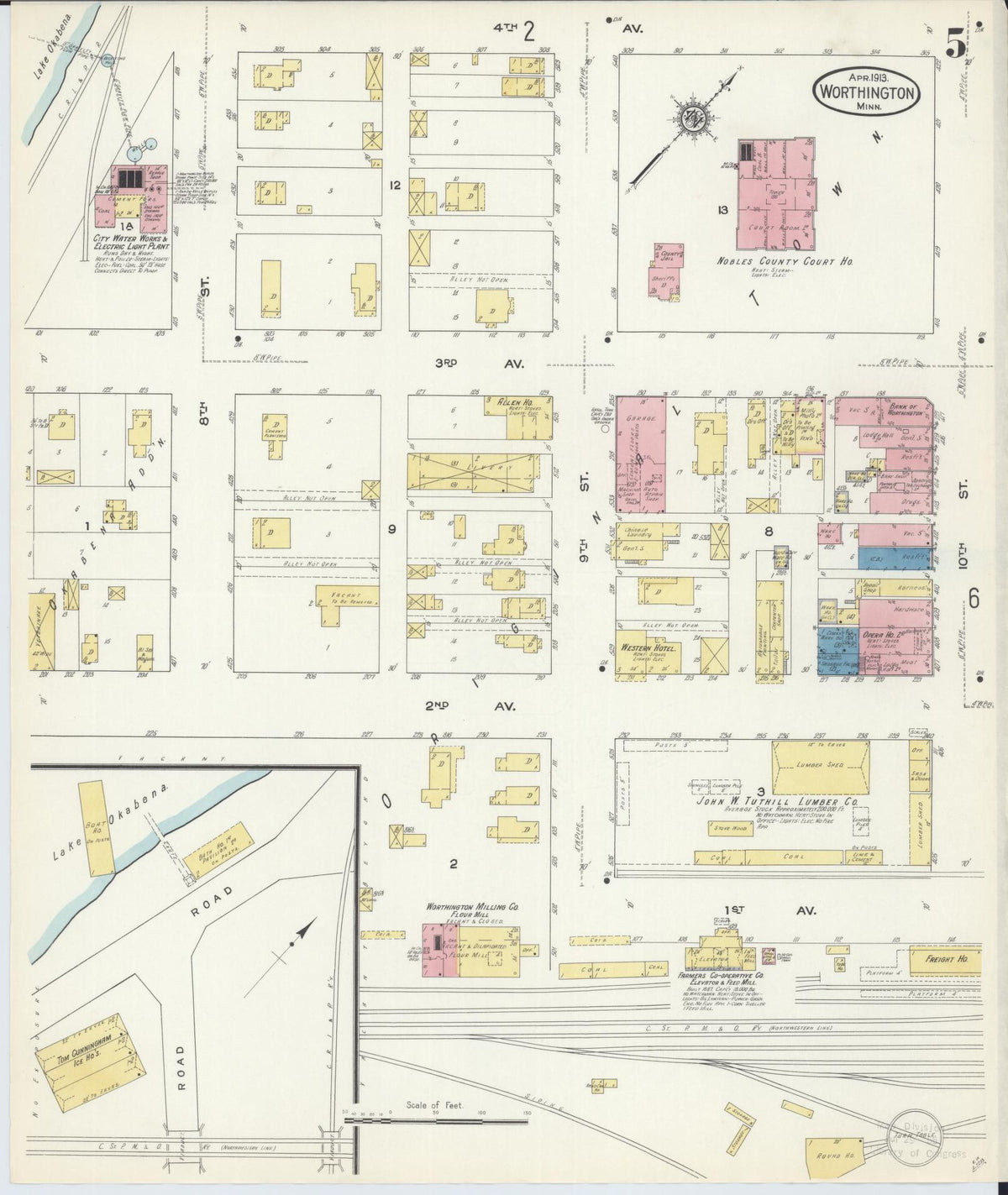 Sanborn Fire Insurance Map from Worthington, Nobles County, Minnesota (1913), Sheet #0005 - Historic Sanborn Fire Insurance Map Print, vintage old map wall art, antique decor, genealogy gift, Minnesota Minnesota map