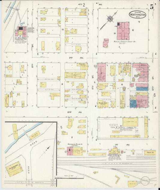 Sanborn Fire Insurance Map from Worthington, Nobles County, Minnesota (1913), Sheet #0005 - Historic Sanborn Fire Insurance Map Print, vintage old map wall art, antique decor, genealogy gift, Minnesota Minnesota map