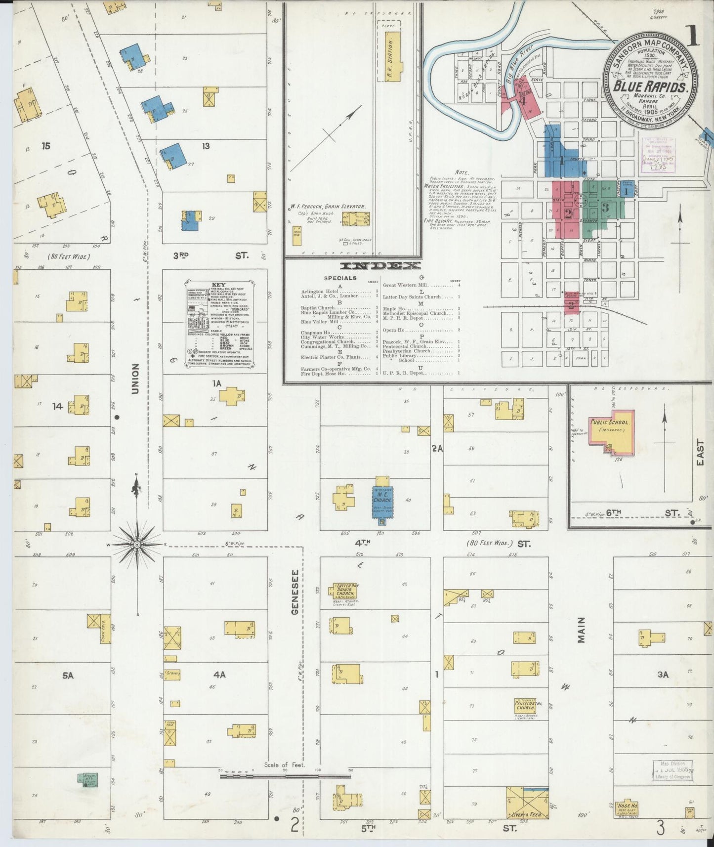 Sanborn Fire Insurance Map from Blue Rapids, Marshall County, Kansas (1905), Sheet #0001 - Historic Sanborn Fire Insurance Map Print, vintage old map wall art, antique decor, genealogy gift, Kansas Kansas map
