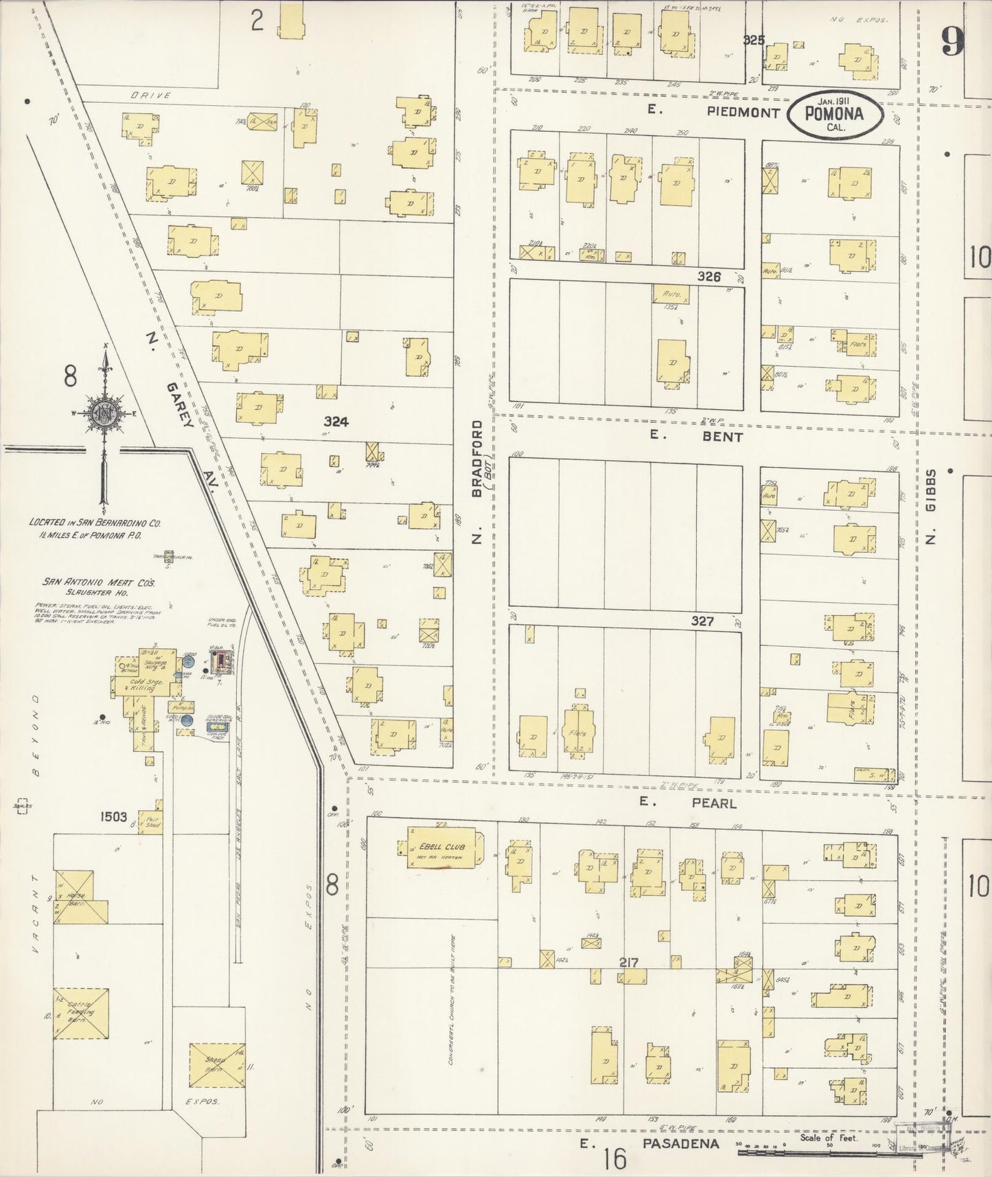 Sanborn Fire Insurance Map from Pomona, Los Angeles County, California (1911), Sheet #0009 - Complete Map Set gallery image, historic Sanborn map, vintage wall art, California California