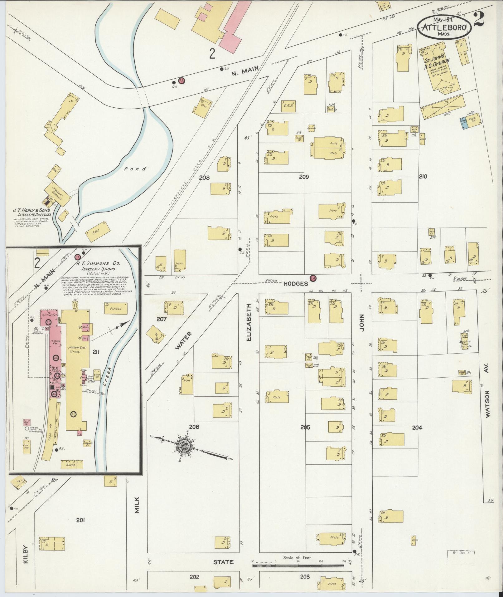 Sanborn Fire Insurance Map from Attleboro, Bristol County, Massachusetts (1911), Sheet #0002 - Complete Map Set gallery image, historic Sanborn map, vintage wall art, Massachusetts Massachusetts