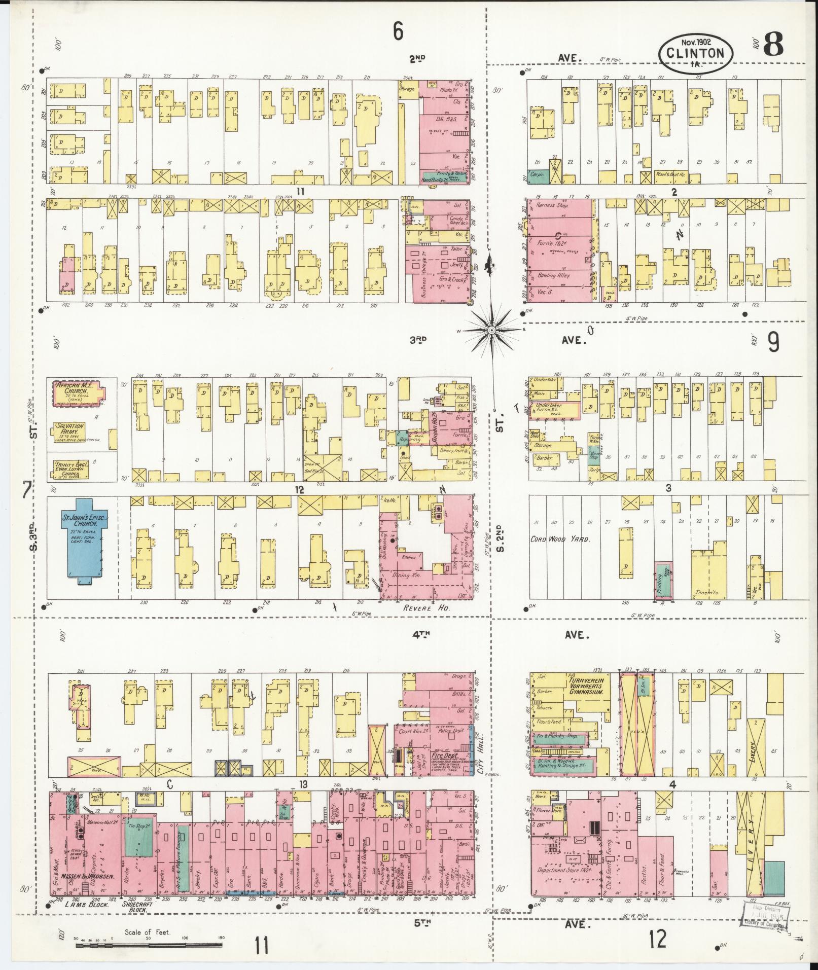 Sanborn Fire Insurance Map from Clinton, Clinton County, Iowa (1902), Sheet #0008 - Historic Sanborn Fire Insurance Map Print, vintage old map wall art