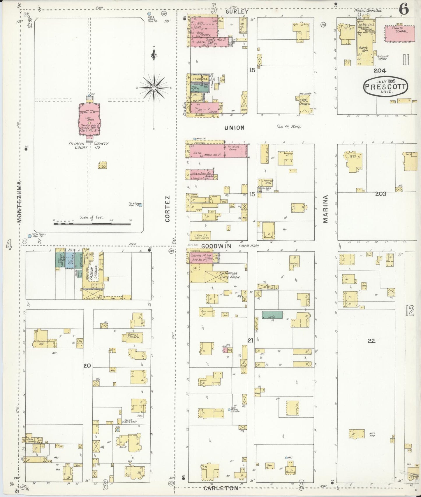 Sanborn Fire Insurance Map from Prescott, Yavapai County, Arizona (1895), Sheet #0006 - Historic Sanborn Fire Insurance Map Print, vintage old map wall art, antique decor, genealogy gift, Arizona Arizona map