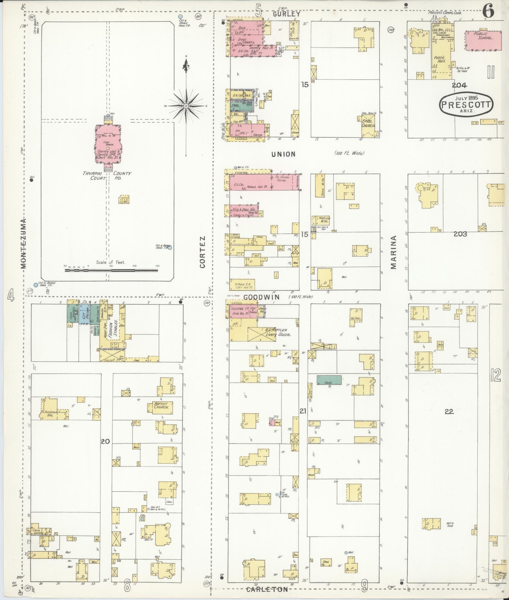 Sanborn Fire Insurance Map from Prescott, Yavapai County, Arizona (1895), Sheet #0006 - Historic Sanborn Fire Insurance Map Print, vintage old map wall art, antique decor, genealogy gift, Arizona Arizona map