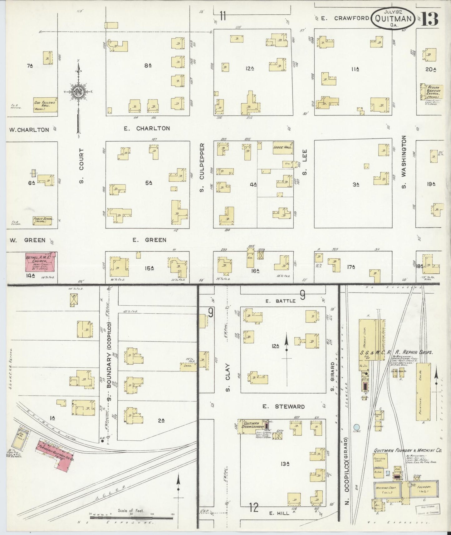Sanborn Fire Insurance Map from Quitman, Brooks County, Georgia (1912), Sheet #0013 - Historic Sanborn Fire Insurance Map Print, vintage old map wall art, antique decor, genealogy gift, Georgia Georgia map