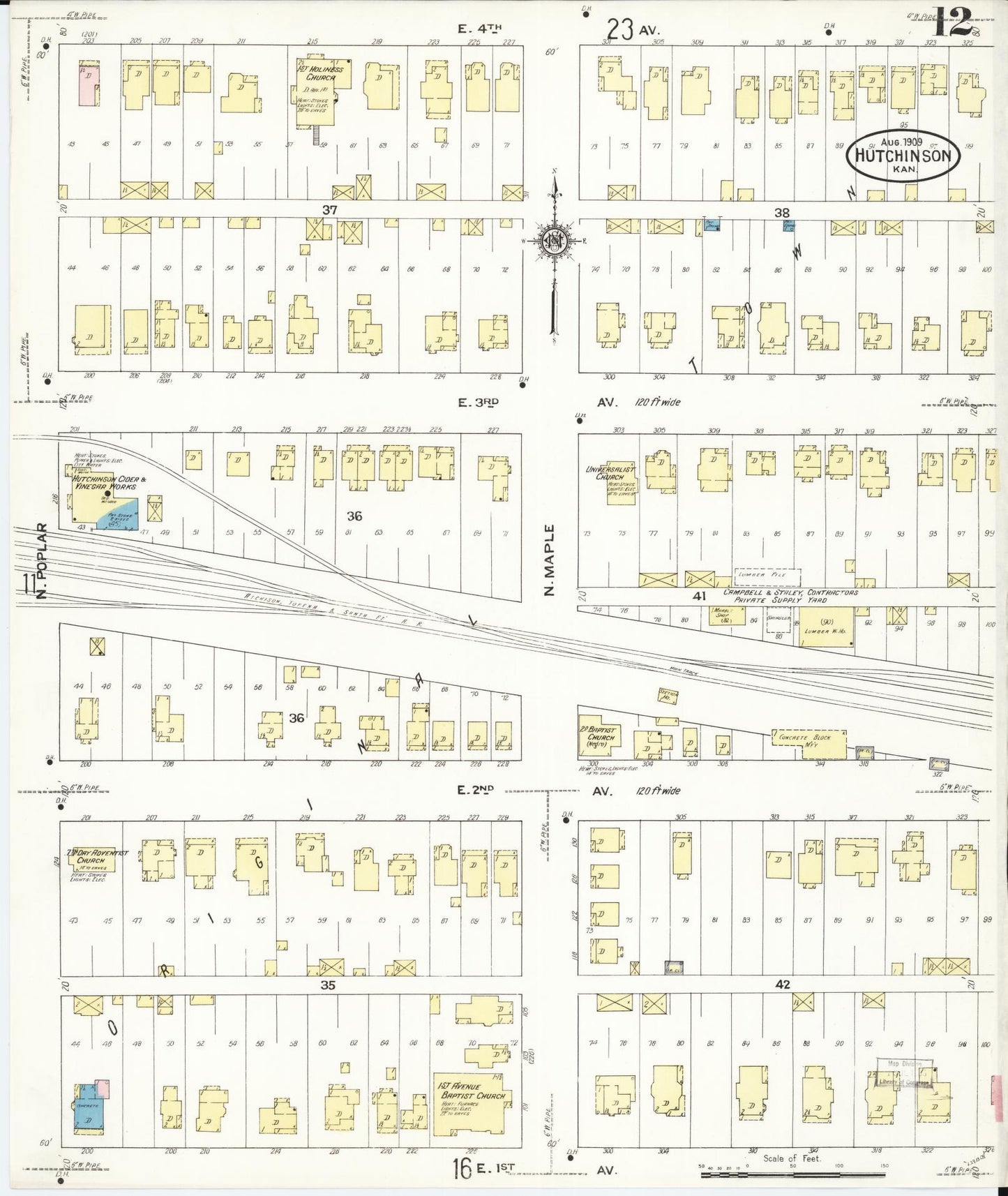 Sanborn Fire Insurance Map from Hutchinson, Reno County, Kansas (1909), Sheet #0012 - Complete Map Set gallery image, historic Sanborn map, vintage wall art, Kansas Kansas
