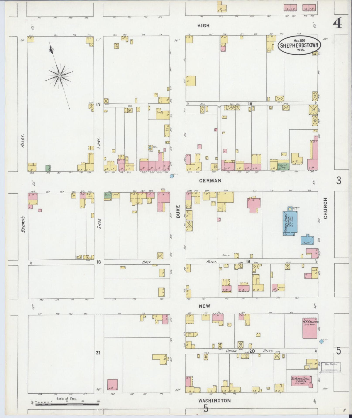 Sanborn Fire Insurance Map from Shepherdstown, Jefferson County, West Virginia (1899), Sheet #0004 - Complete Map Set gallery image, historic Sanborn map, vintage wall art, West Virginia West Virginia