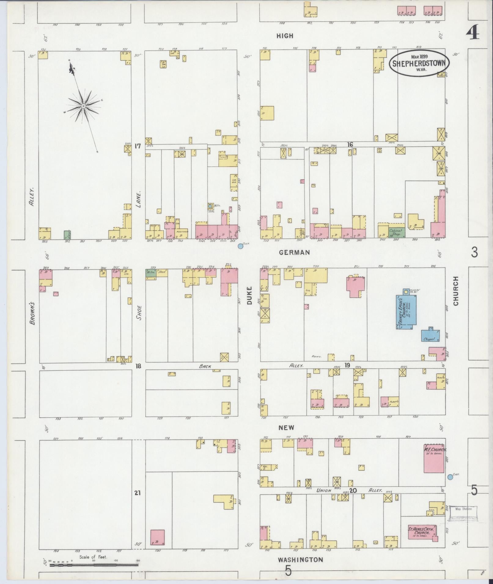 Sanborn Fire Insurance Map from Shepherdstown, Jefferson County, West Virginia (1899), Sheet #0004 - Complete Map Set gallery image, historic Sanborn map, vintage wall art, West Virginia West Virginia
