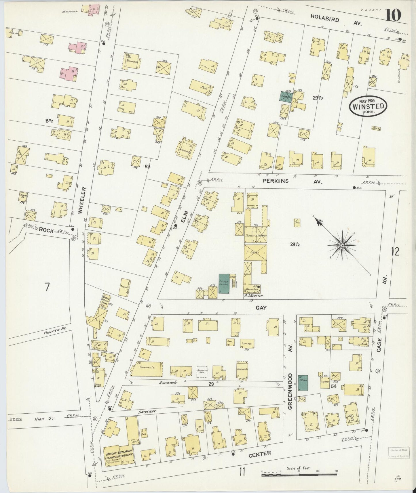 Sanborn Fire Insurance Map from Winsted, Litchfield County, Connecticut (1909), Sheet #0010 - Historic Sanborn Fire Insurance Map Print, vintage old map wall art, antique decor, genealogy gift, Connecticut Connecticut map