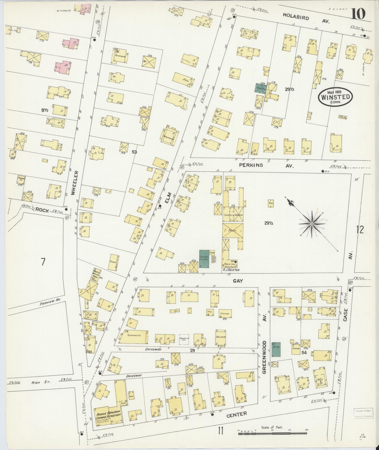 Sanborn Fire Insurance Map from Winsted, Litchfield County, Connecticut (1909), Sheet #0010 - Historic Sanborn Fire Insurance Map Print, vintage old map wall art, antique decor, genealogy gift, Connecticut Connecticut map