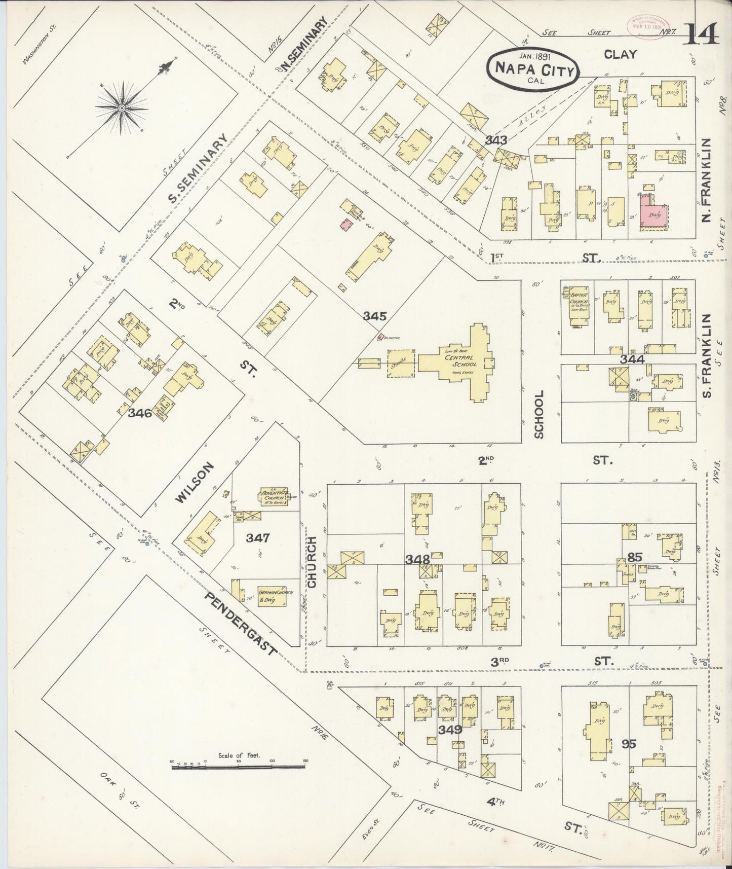 Sanborn Fire Insurance Map from Napa, Napa County, California (1891), Sheet #0014 - Historic Sanborn Fire Insurance Map Print, vintage old map wall art, antique decor, genealogy gift, California California map