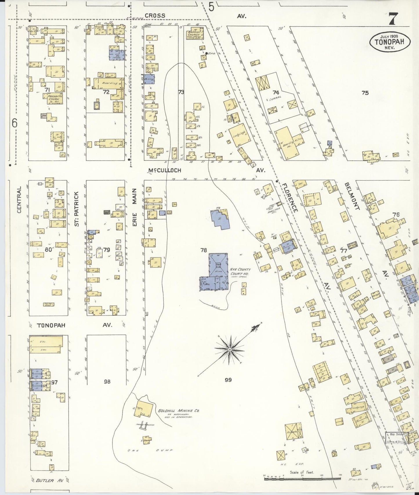Sanborn Fire Insurance Map from Tonopah, Nye County, Nevada (1909), Sheet #0007 - Complete Map Set gallery image, historic Sanborn map, vintage wall art, Nevada Nevada