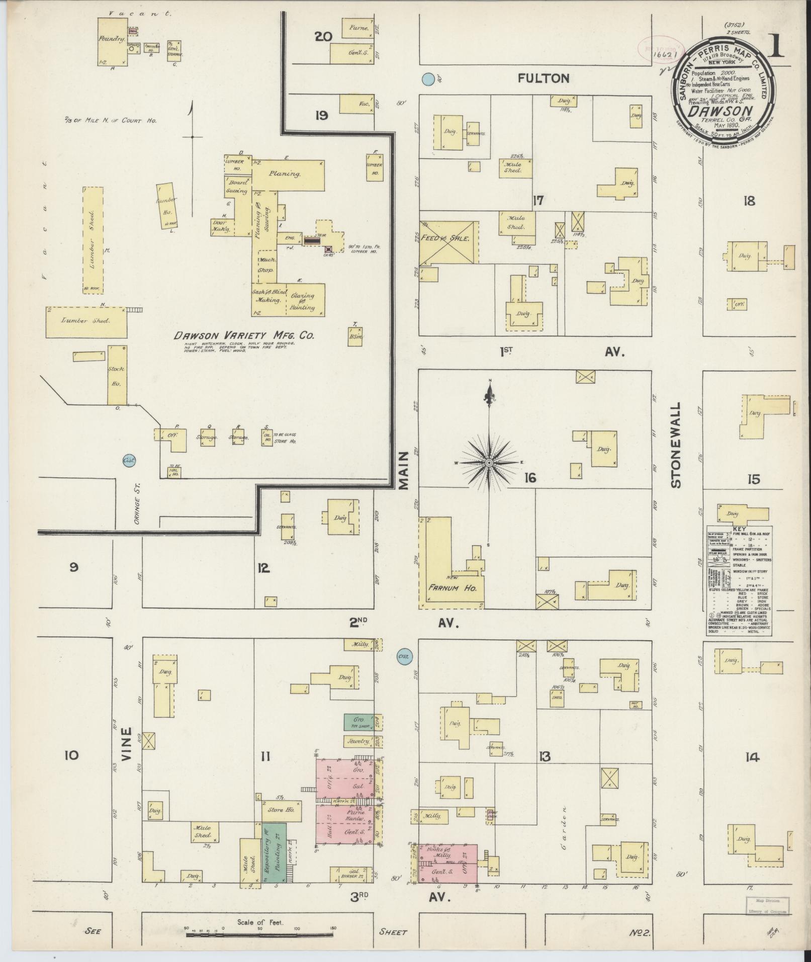 Sanborn Fire Insurance Map from Dawson, Terrell County, Georgia (1890), Sheet #0001 - Historic Sanborn Fire Insurance Map Print, vintage old map wall art, antique decor, genealogy gift, Georgia Georgia map