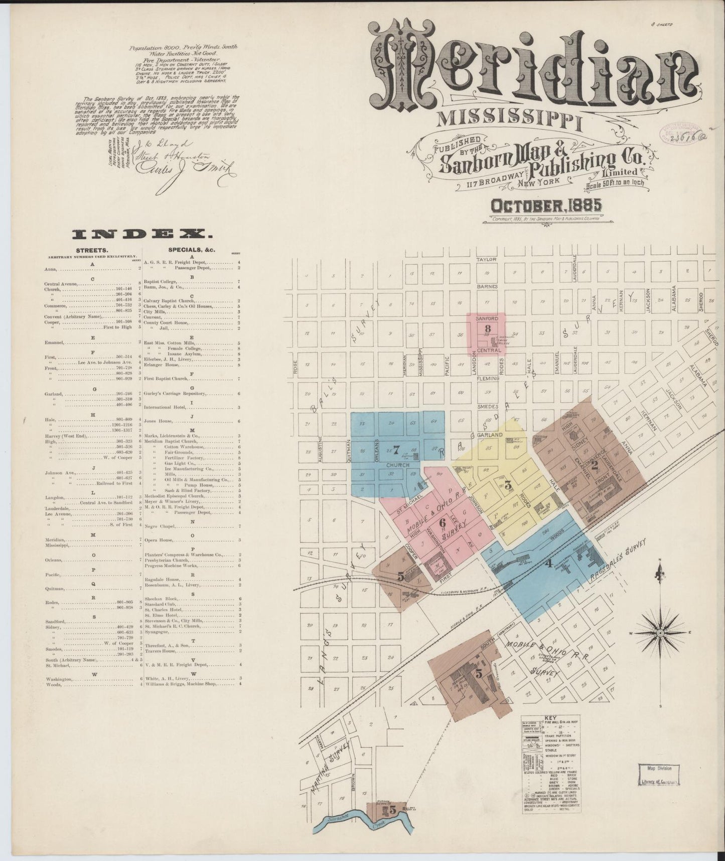 Sanborn Fire Insurance Map from Meridian, Lauderdale County, Mississippi (1885), Sheet #0001 - Historic Sanborn Fire Insurance Map Print, vintage old map wall art, antique decor, genealogy gift, Mississippi Mississippi map