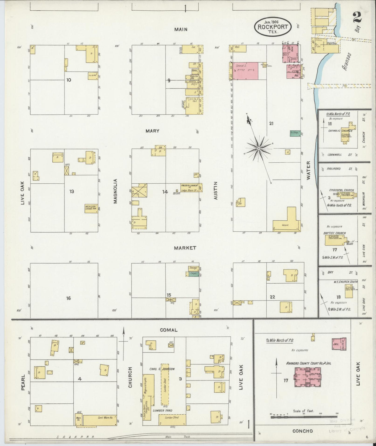 Sanborn Fire Insurance Map from Rockport, Aransas County, Texas (1906), Sheet #0002 - Complete Map Set gallery image, historic Sanborn map, vintage wall art, Texas Texas