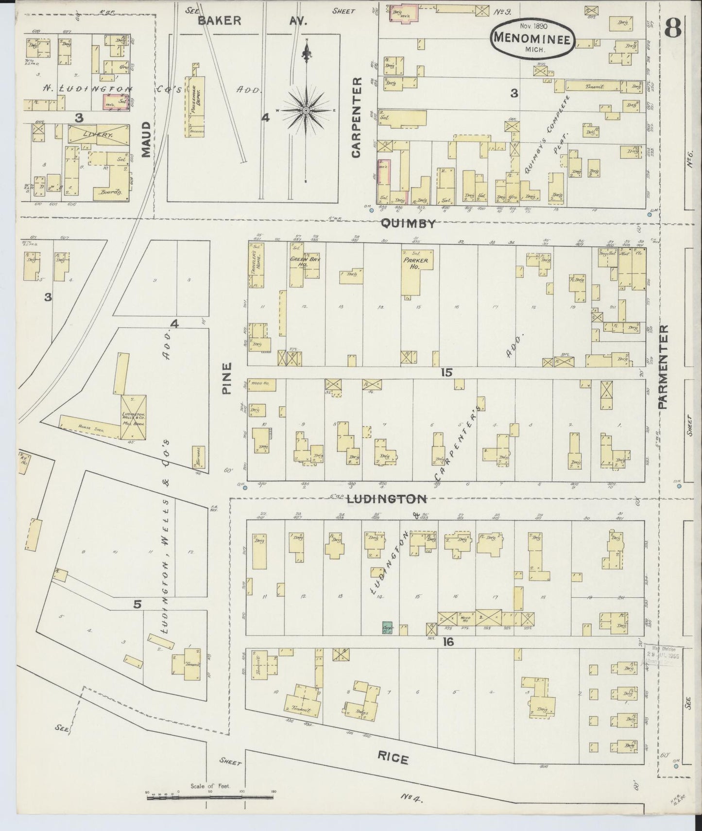 Sanborn Fire Insurance Map from Menominee, Menominee County, Michigan (1890), Sheet #0008 - Historic Sanborn Fire Insurance Map Print, vintage old map wall art, antique decor, genealogy gift, Michigan Michigan map