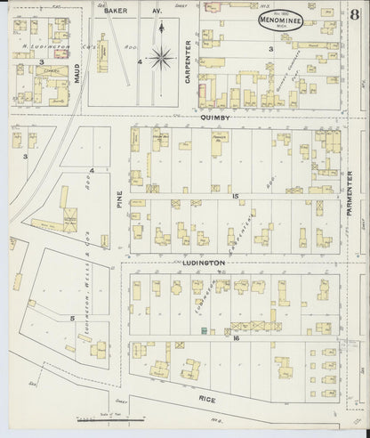 Sanborn Fire Insurance Map from Menominee, Menominee County, Michigan (1890), Sheet #0008 - Historic Sanborn Fire Insurance Map Print, vintage old map wall art, antique decor, genealogy gift, Michigan Michigan map