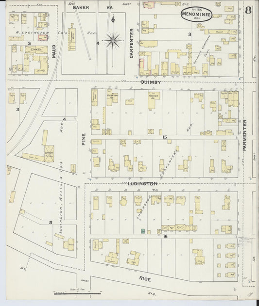 Sanborn Fire Insurance Map from Menominee, Menominee County, Michigan (1890), Sheet #0008 - Historic Sanborn Fire Insurance Map Print, vintage old map wall art, antique decor, genealogy gift, Michigan Michigan map