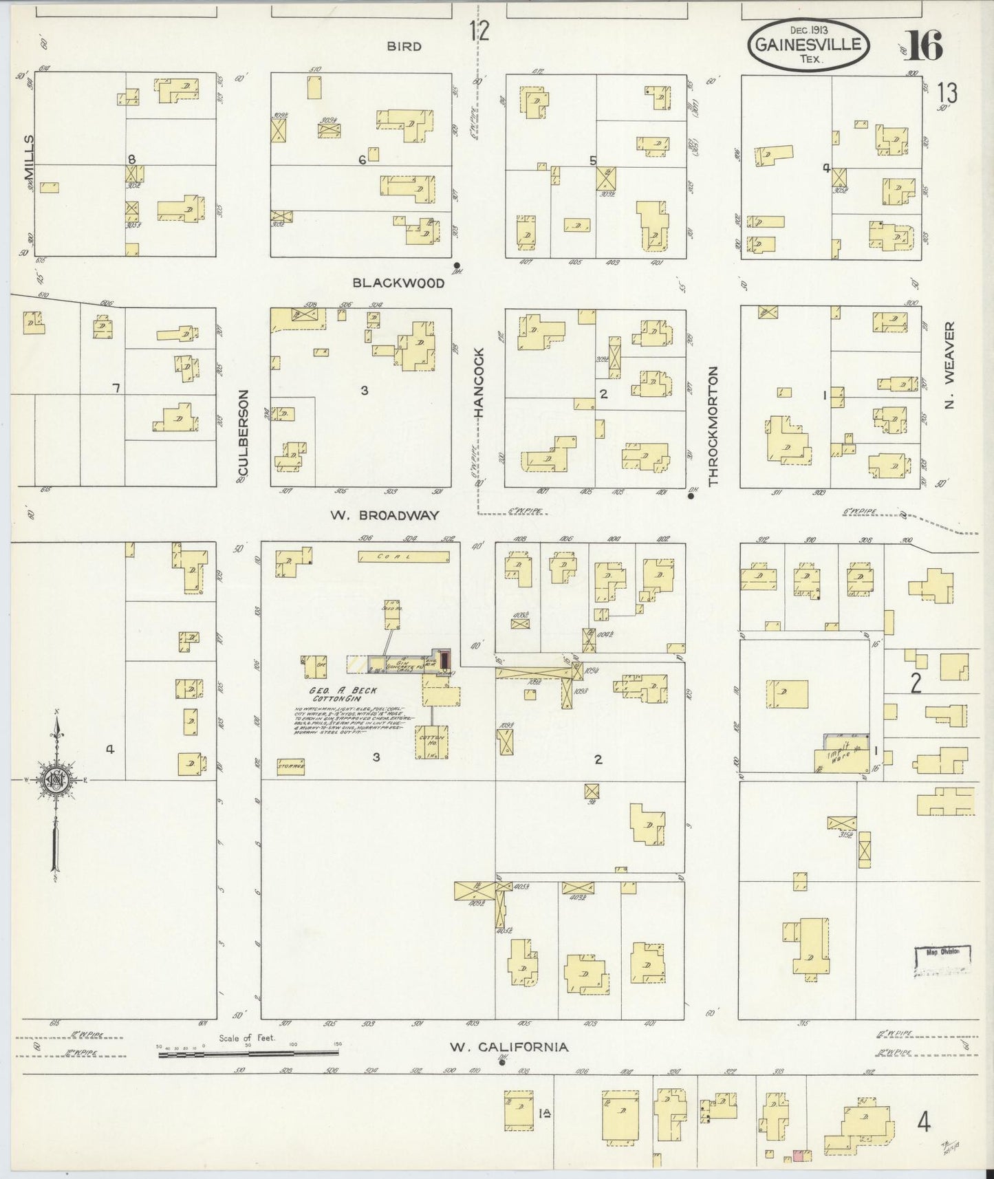 Sanborn Fire Insurance Map from Gainesville, Cooke County, Texas (1913), Sheet #0016 - Complete Map Set gallery image, historic Sanborn map, vintage wall art, Texas Texas