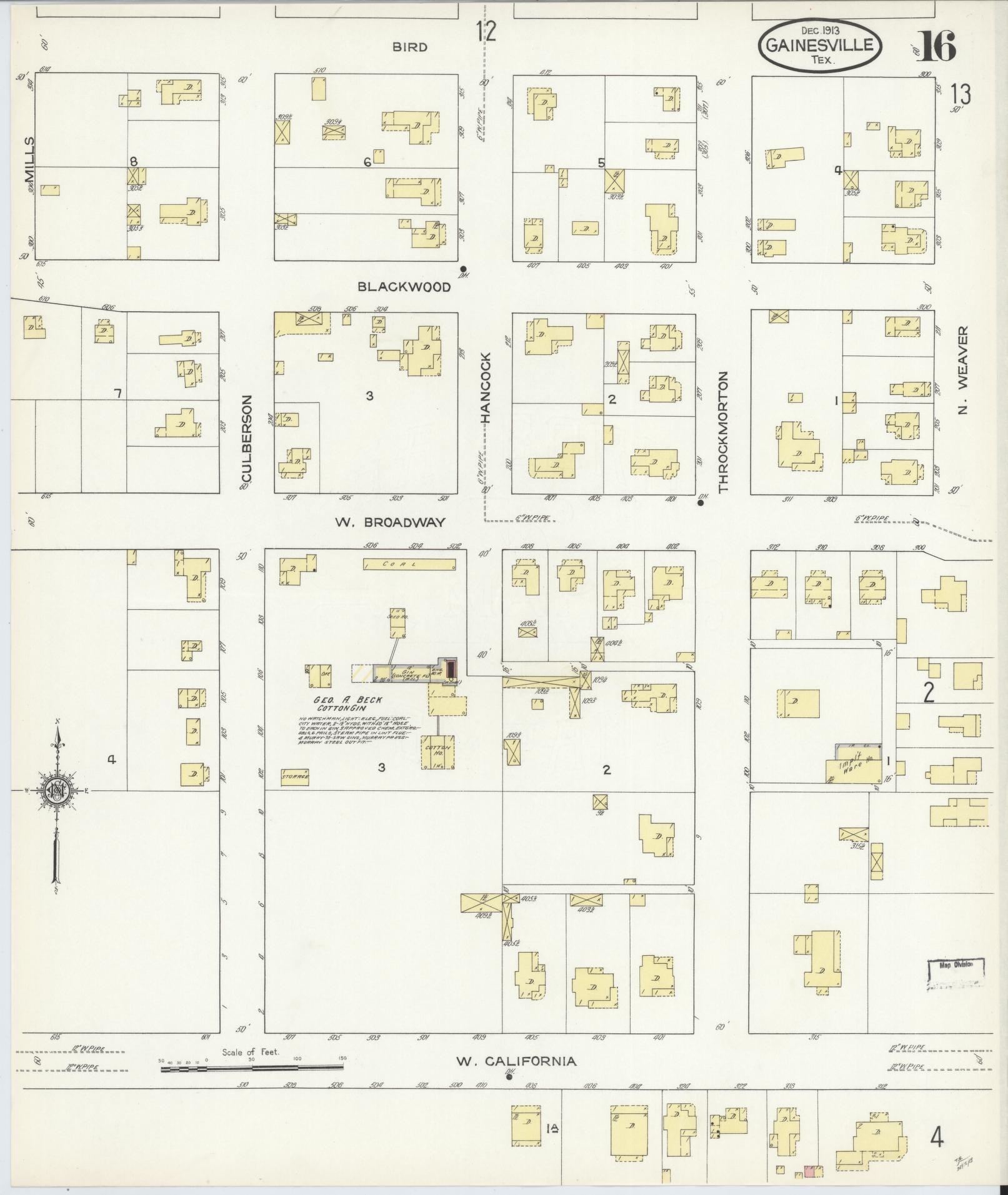 Sanborn Fire Insurance Map from Gainesville, Cooke County, Texas (1913), Sheet #0016 - Complete Map Set gallery image, historic Sanborn map, vintage wall art, Texas Texas