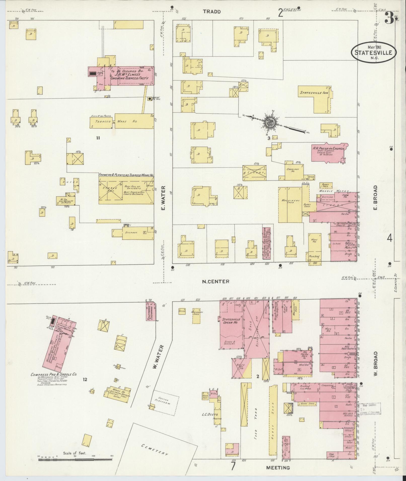Sanborn Fire Insurance Map from Statesville, Iredell County, North Carolina (1911), Sheet #0003 - Complete Map Set gallery image, historic Sanborn map, vintage wall art, North Carolina North Carolina