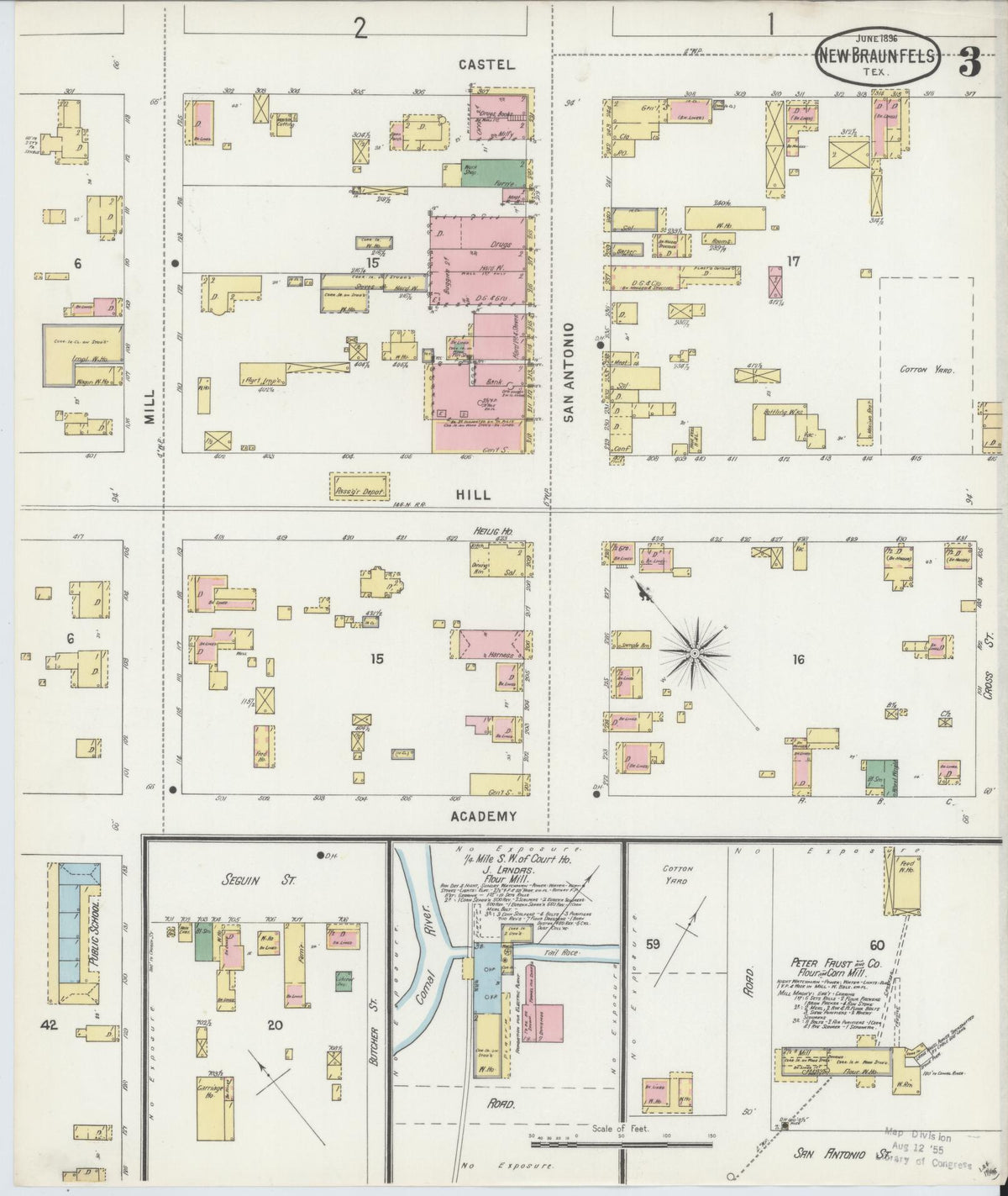 Sanborn Fire Insurance Map from New Braunfels, Comal County, Texas (1896), Sheet #0003 - Complete Map Set gallery image, historic Sanborn map, vintage wall art, Texas Texas