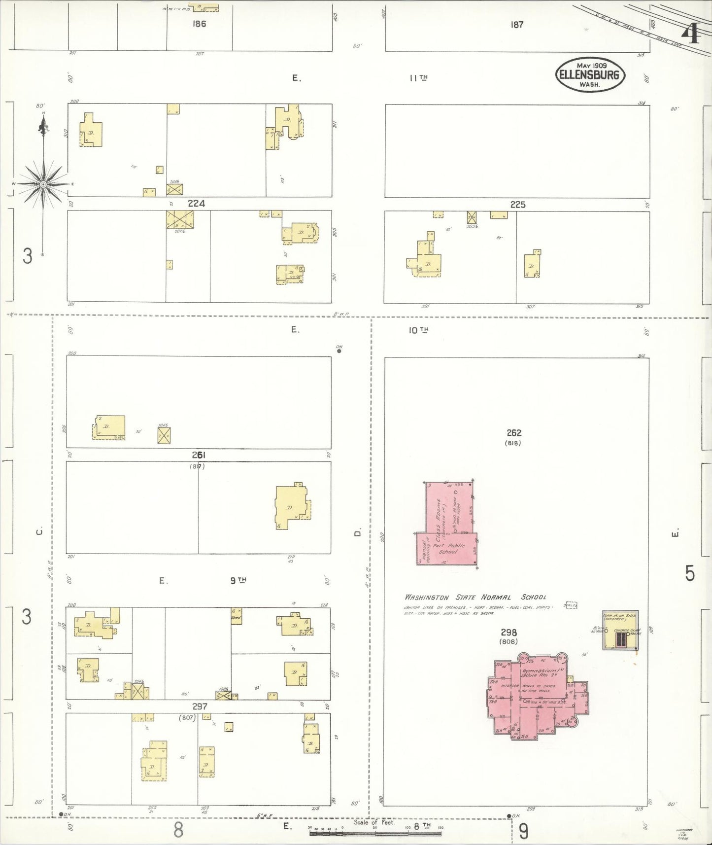 Sanborn Fire Insurance Map from Ellensburg, Kittitas County, Washington (1909), Sheet #0004 - Complete Map Set gallery image, historic Sanborn map, vintage wall art, Washington Washington