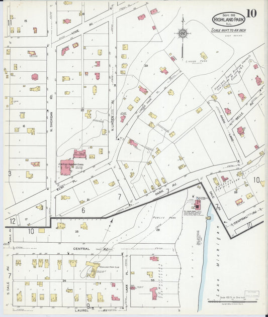 Sanborn Fire Insurance Map from Highland Park, Lake County, Illinois (1918), Sheet #0010 - Historic Sanborn Fire Insurance Map Print, vintage old map wall art, antique decor, genealogy gift, Illinois Illinois map