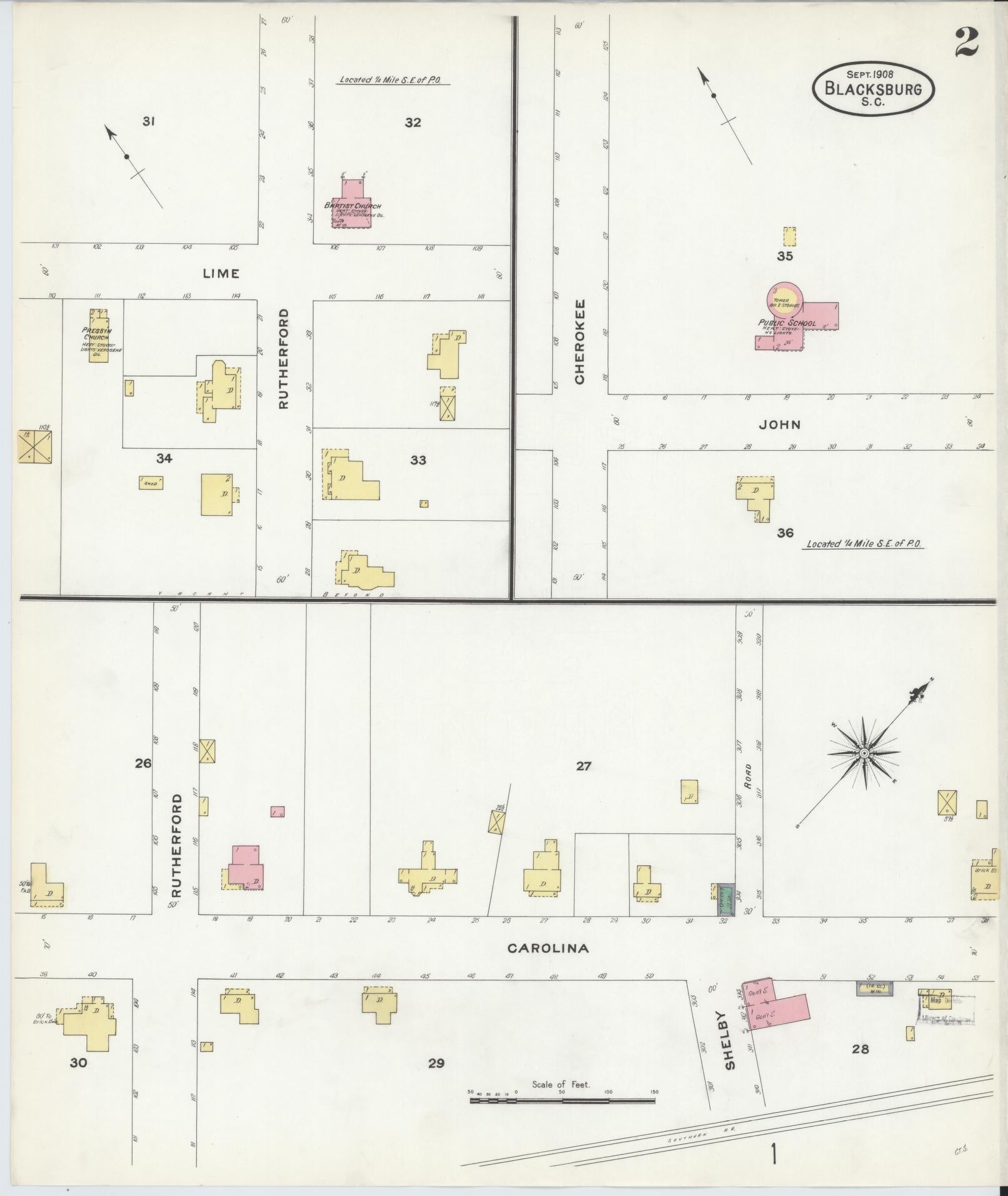 Sanborn Fire Insurance Map from Blacksburg, Cherokee County, South Carolina (1908), Sheet #0002 - Complete Map Set gallery image, historic Sanborn map, vintage wall art, South Carolina South Carolina