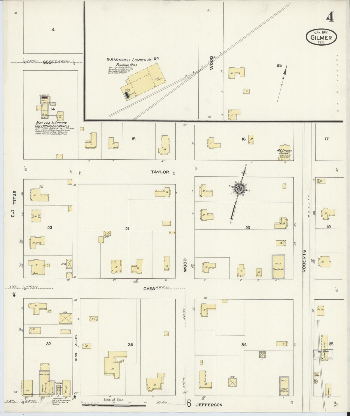 Sanborn Fire Insurance Map from Gilmer, Upshur County, Texas (1912), Sheet #0004 - Historic Sanborn Fire Insurance Map Print, vintage old map wall art, antique decor, genealogy gift, Texas Texas map