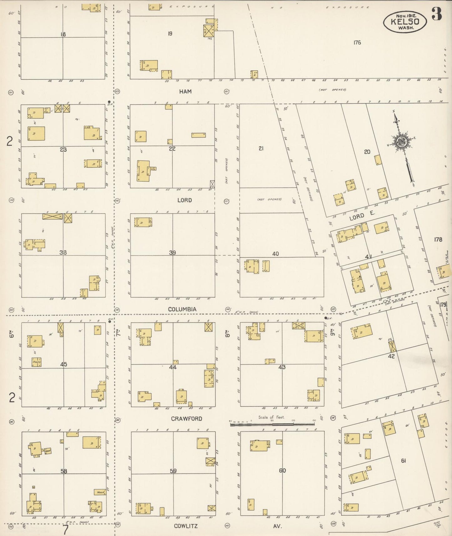Sanborn Fire Insurance Map from Kelso, Cowlitz County, Washington (1912), Sheet #0003 - Complete Map Set gallery image, historic Sanborn map, vintage wall art, Washington Washington